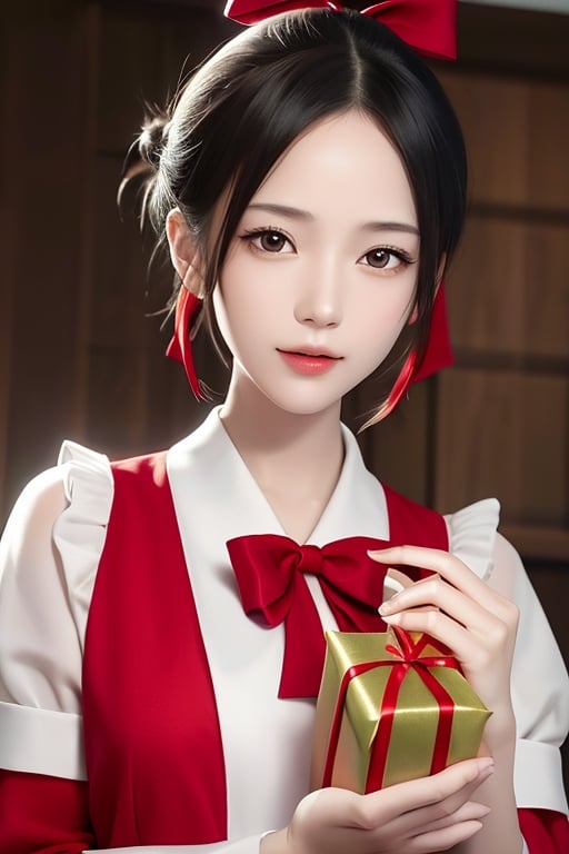 beutiful woman, shinomiya kaguya, folded ponytail, forehead, hair ribbon, brown eyes, (red ribbon), ribbon, short hair, sidelocks, small breast, , Woman dressed in Santa Claus costume, holding a gift, surrounded by gifts, looking at viewer, best quality, high resolution, unity 8k wallpaper, illustration, beautiful detailed eyes, extremely detailed face, perfect lighting, extremely detailed CG, perfect hands, perfect anatomy,folded ponytail, high_school_girl, mai, 1girl, upper body,
