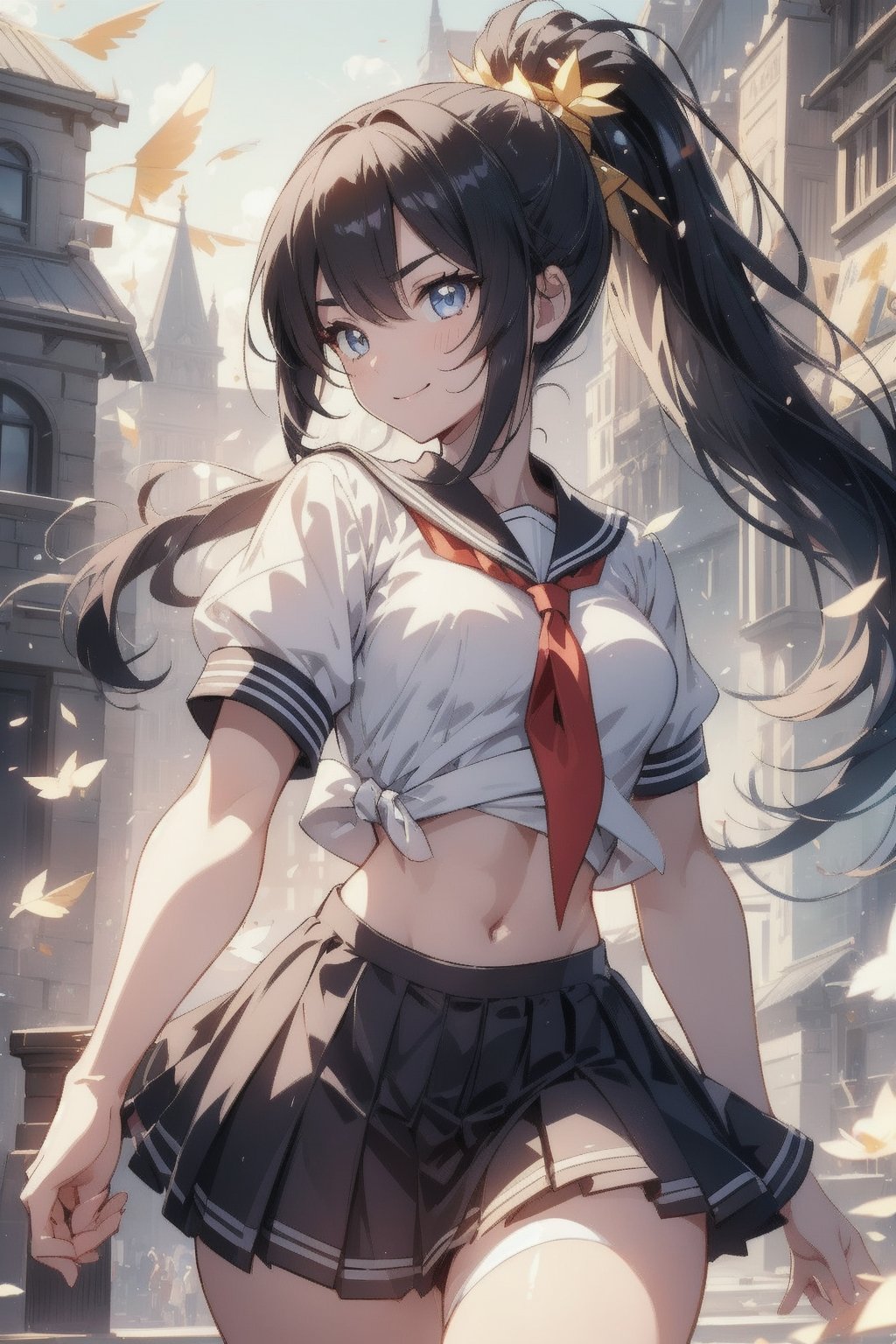 anime style beautiful woman, 1girl, (ponytail), black hair, (long hair), 
(smile), 
Slender, skinny, (turime), thick eyebrows, 
(school uniform), (sailor uniform), ((red sailor tie)), (white sailor blouse), 
((abs)), fighting pose, 
vibrant colors, sharp focus, best quality, depth of field, cinematic lighting, (illustration, 8k CG, extremely detailed), ultra-detailed, high resolution, firefliesfireflies, perfect light, 
stylish pose, 8k, very clear, highest quality, high resolution. best quality, illustration, sax blue, 1girl, cute, (dynamic lighting:1.2), cinematic lighting, delicate facial features, detailed eyes, sharp pupils, realistic pupils, depth of field, bokeh, sharp focus, (hyper-detailed, bloom, glow:1.4), many small gems,glowing gold