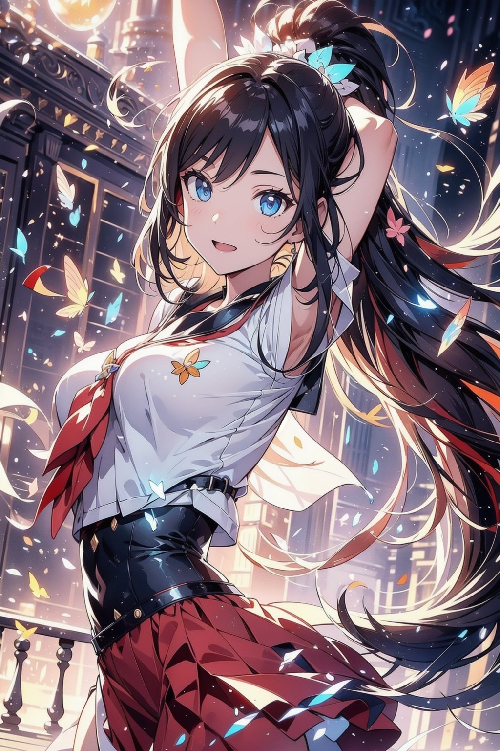 anime style beautiful woman, 1girl, (ponytail), brown hair, (long hair), (smile), arms raised in the air, (acrobatic pose), 
Slender, skinny, Flat Chest, small breasts, (turime), thick eyebrows, 
(school uniform), (red sailor uniform), in park, face, close up, front view, 
vibrant colors, female, masterpiece, sharp focus, best quality, depth of field, cinematic lighting, ((solo, one woman )), (illustration, 8k CG, extremely detailed), ultra-detailed, high resolution, firefliesfireflies,perfect light
The rays of hope in the entire universe converged on the goddess's chest, and a brand new sun was born from the goddess's chest ,(petals | rain), (Bubble | crystal), (Glory|White Cloud),
stylish pose, 8k, very clear, looking at viewer, simple background, solo, highest quality, high resolution. best quality, illustration, sax blue, 1girl, cute, (dynamic lighting:1.2), cinematic lighting, delicate facial features, detailed eyes, sharp pupils, realistic pupils, depth of field, bokeh, sharp focus, (hyper-detailed, bloom, glow:1.4), many small gems,