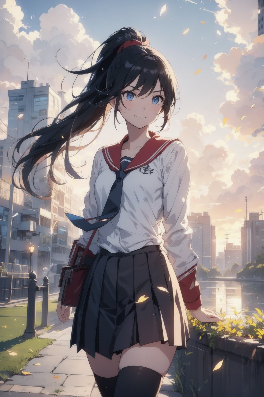 anime style beautiful woman, 1girl, (ponytail), black hair, (long hair), 
(smile),
Slender, skinny, (turime), thick eyebrows, 
(school uniform), (sailor uniform), ((red sailor tie)), (white sailor blouse), 
 long sleeves, necktie, school uniform, pleated skirt, juliet sleeves, black thighhighs, pink shirt, upper body, 
 outdoors, sky, day, cloud, water, tree, grass, building, scenery, walking, road, autumn leaves, autumn, blurred, 
vibrant colors, sharp focus, best quality, depth of field, cinematic lighting, (illustration, 8k CG, extremely detailed), ultra-detailed, high resolution, firefliesfireflies, perfect light, 
stylish pose, 8k, very clear, highest quality, high resolution. best quality, illustration, sax blue, 1girl, cute, (dynamic lighting:1.2), cinematic lighting, delicate facial features, detailed eyes, sharp pupils, realistic pupils, depth of field, bokeh, sharp focus, (hyper-detailed, bloom, glow:1.4), many small gems,pastelbg