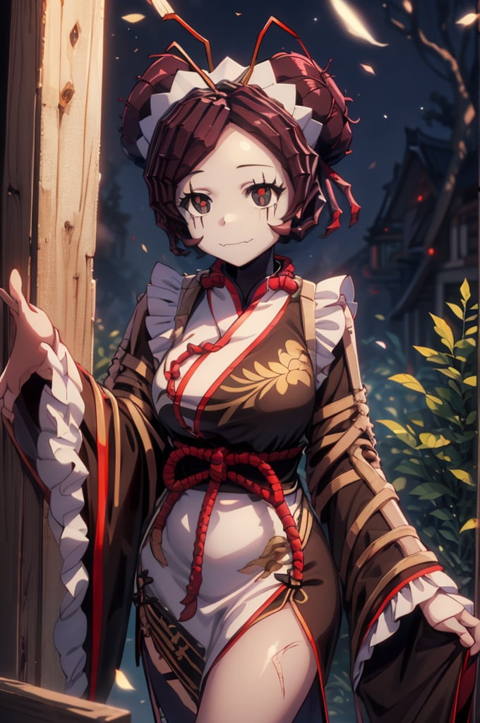 Entoma Vasilissa Zeta, girl, burgundy hair, short hair, twin buns, insect antennae, (((porcelain face, red-black eyes, black eyes scars))), 
Slender, skinny, chinese dress, maid hairband,
(masterpiece), (best quality), 8k illustration,
solo,1girl, maid dress, maid uniform, red theme, red outfit, red uniform, Chinese dress, Chinese theme outfit, Chinese pattern outfit, thick scar on her face, thick scar on her skin, Chinese hair ornament, Slender, skinny, flat chest, 
sleeves, large sleeves, (((China dress, huge sleeves, sleeves hide hands))), hands covered, waving sleeves, looking at viewer, upper body,
light,detail,atmosphere,effects,color
forest, night, darkness, Magic Forest