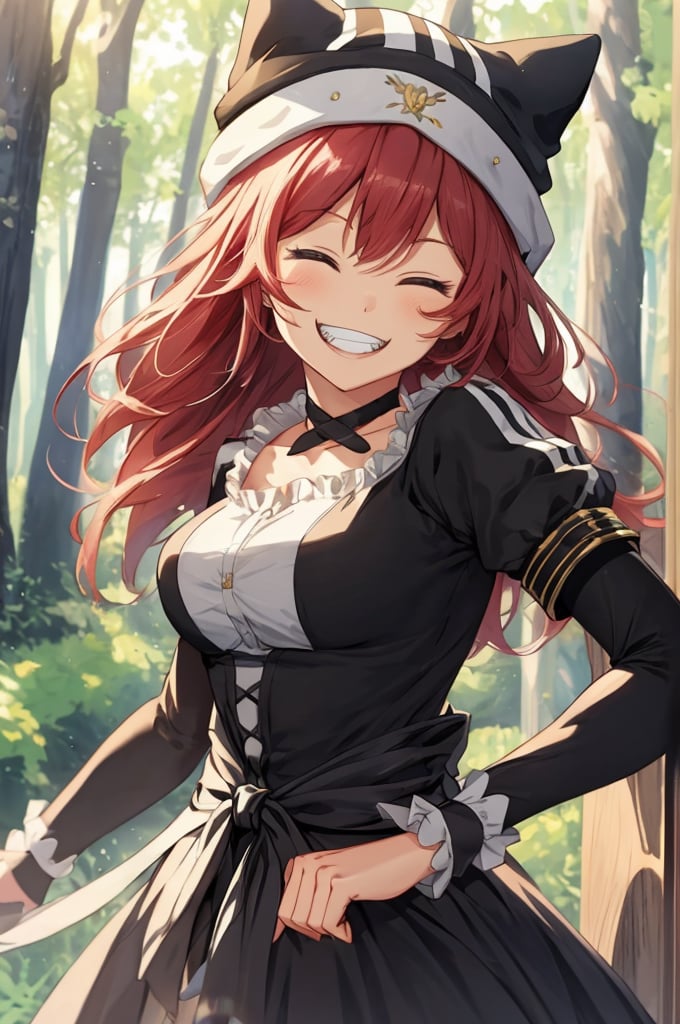 upusregina beta, evil grin, laughing, one eye closed, look upward, outdoors, forest, trees, BETA, masterpiece, best quality, high quality, highres, absurdres, 1girl, solo, animal hat, anime coloring, maid, puffy short sleeves, black headwear, collarbone, parody, official style, black choker, alternate costume, bridal gauntlets, black dress, white shirt, ess, dress, frills, long sleeves, maid, maid headdress, puffy sleeves, looking at viewer, masterpiece, best quality, high resolution, l

