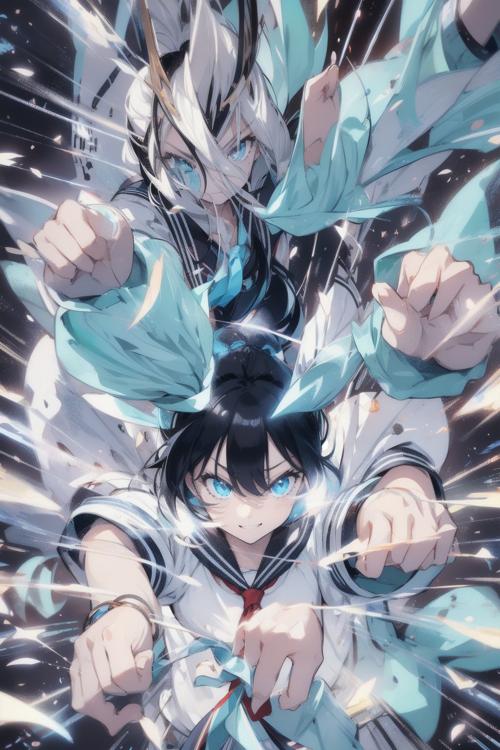 anime style beautiful woman, 1girl, (ponytail), black hair, (long hair), 
(smile), 
Slender, skinny, (turime), thick eyebrows, 
(school uniform), (sailor uniform), ((red sailor tie)), (white sailor blouse), 
 ((rushpunch, punching,
clenched hands, too much, multiple hands, extra arms, foreshortening, incoming attack,
aura, afterimage, motion lines, speed lines, motion_blur, energy, glowing,)), 
vibrant colors, sharp focus, best quality, depth of field, cinematic lighting, (illustration, 8k CG, extremely detailed), ultra-detailed, high resolution, firefliesfireflies, perfect light, 
stylish pose, 8k, very clear, highest quality, high resolution. best quality, illustration, sax blue, 1girl, cute, (dynamic lighting:1.2), cinematic lighting, delicate facial features, detailed eyes, sharp pupils, realistic pupils, depth of field, bokeh, sharp focus, (hyper-detailed, bloom, glow:1.4), many small gems,rushpunch