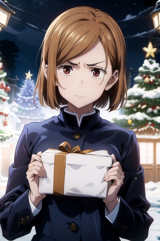 kugisaki nobara, angry, closed mouth, brown eyes, school uniform, short hair, jacket, upper body, 1girl, lips, brown hair, solo,breakdomain,Nobara, holding christmas gift, from_behind 
