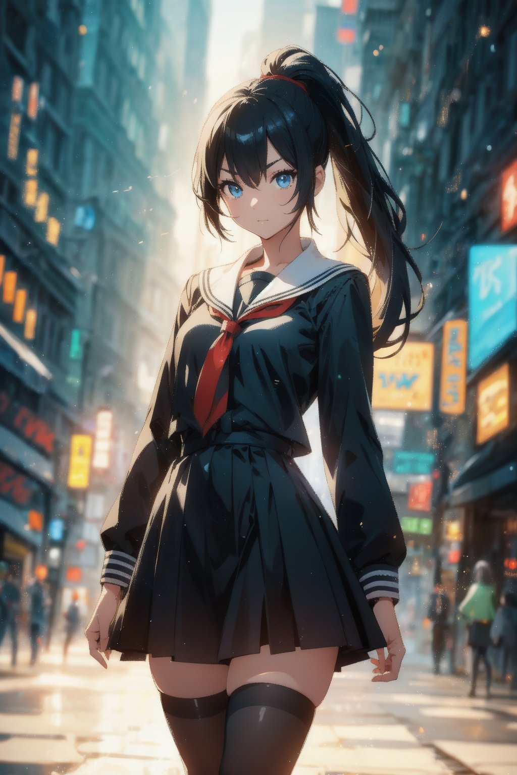 anime style beautiful woman, 1girl, (ponytail), black hair, (long hair), 
full body, 
Slender, skinny, (turime), thick eyebrows, 
(school uniform), (sailor uniform), ((red sailor tie)), (white sailor blouse), 
vibrant colors, sharp focus, best quality, depth of field, cinematic lighting, (illustration, 8k CG, extremely detailed), ultra-detailed, high resolution, firefliesfireflies, perfect light, 
stylish pose, 8k, very clear, highest quality, high resolution. best quality, illustration, sax blue, 1girl, cute, (dynamic lighting:1.2), cinematic lighting, delicate facial features, detailed eyes, sharp pupils, realistic pupils, depth of field, bokeh, sharp focus, (hyper-detailed, bloom, glow:1.4), many small gems