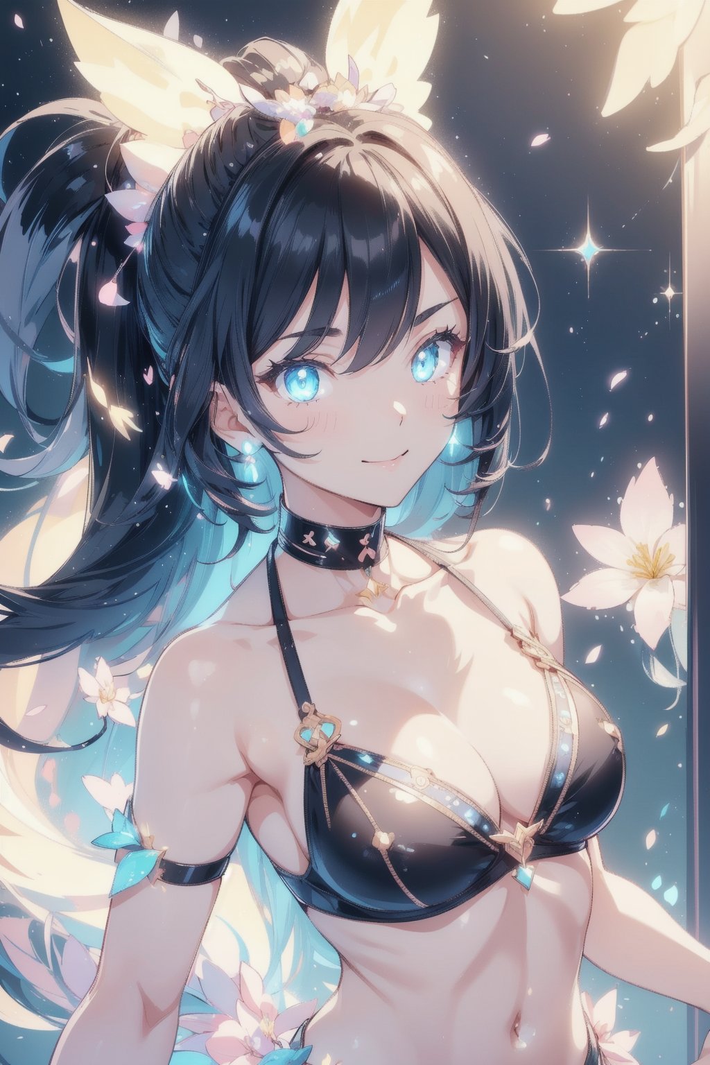 anime style beautiful woman, (1girl), (ponytail), black hair, (long hair), 
(smile), 
Slender, skinny, (turime), thick eyebrows, 
(bikini),
vibrant colors, sharp focus, best quality, depth of field, cinematic lighting, (illustration, 8k CG, extremely detailed),
8k, very clear, highest quality, high resolution. best quality, illustration, sax blue, 1girl, cute, (dynamic lighting:1.2), cinematic lighting, delicate facial features, detailed eyes, sharp pupils, realistic pupils, depth of field, bokeh, sharp focus, (hyper-detailed, bloom, glow:1.4), many small gems