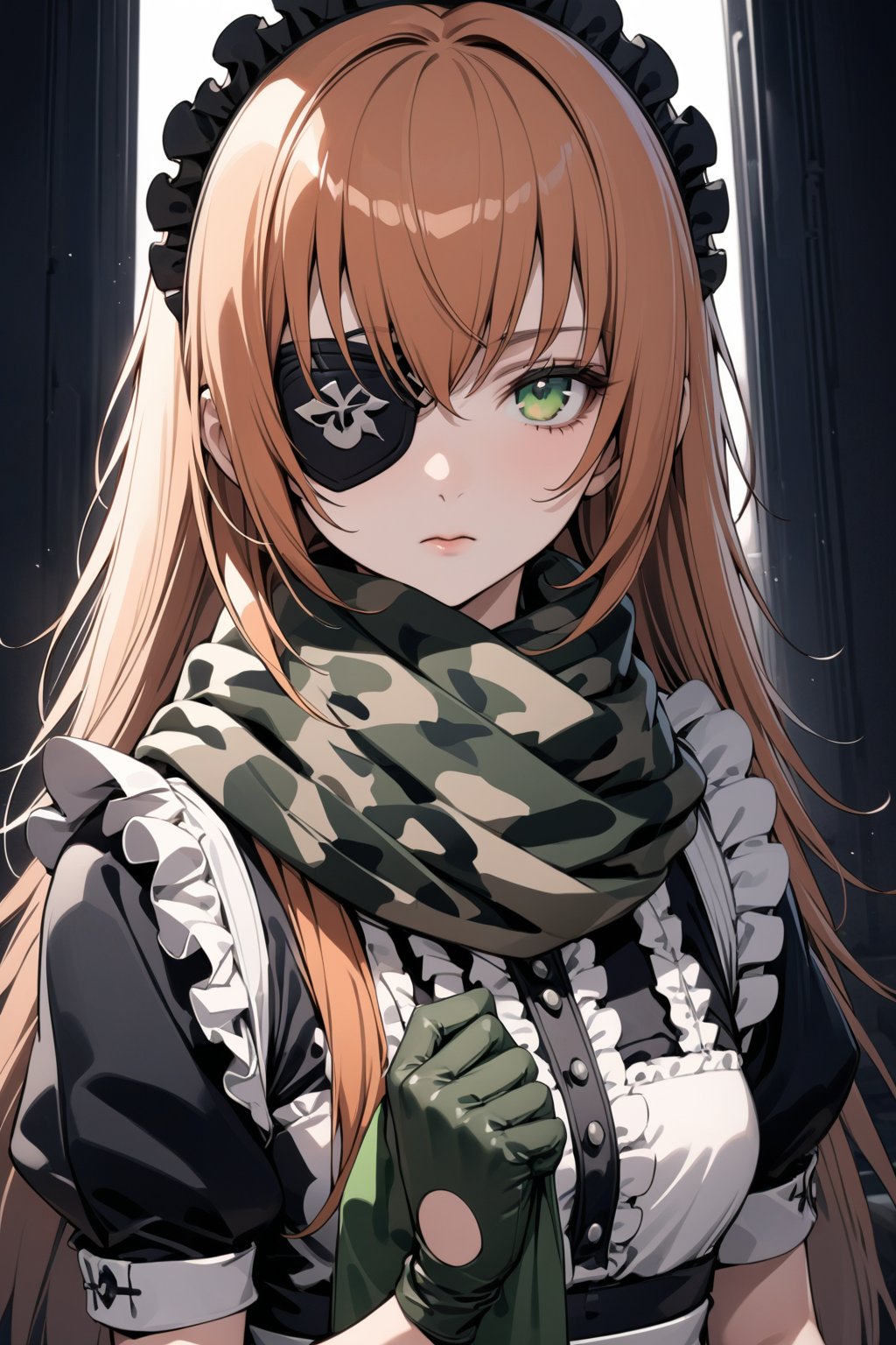 score_9, score_8_up, score_7_up, score_6_up, rating_explicit, masterpiece, best quality, beautiful lighting, 
1girl, solo, cz2128_delta \(overlord\), long hair, orange hair, green eyes, eyepatch,
maid, dress, maid headdress, camouflage, green scarf, gloves,
(holding green handkerchief:1.3), expressionless, looking at viewer, (((face, close up))),