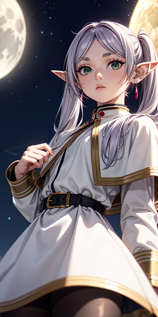  ((moon)), night, cinematic, colorful, extremely detailed, from below, in sky, beautiful girl, petite, emotionless, light purple hair, green eyes, side twintails, center parted, no ribbon on head, elf years, long years,  Slender, skinny, Flat Chest, small breasts, (portrait), upper body, cute lovely,  detailed face, detailed body, shirt, long sleeves, jewelry, pantyhose, earrings, striped, black pantyhose, capelet, striped shirt, frieren, highest quality, high resolution.,frieren,