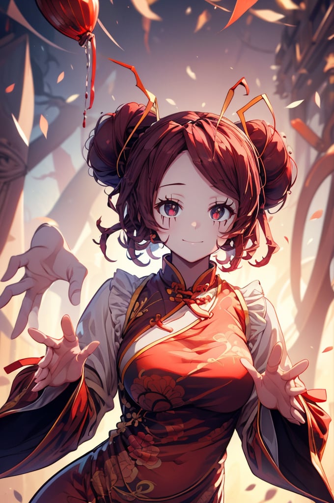 //Quality,
(masterpiece), (best quality), 8k illustration,
//Character,
, solo, china background, Chinatown, Chinese outfit,  ,

1girl, maid dress, maid uniform, red theme, red outfit, red uniform, Chinese dress, Chinese theme outfit, Chinese pattern outfit, thick scar on her face, thick scar on her skin, Chinese hair ornament, Slender, skinny, flat chest, 
Entoma Vasilissa Zeta, 1girl, burgundy hair, short hair, twin buns, insect antennae, porcelain face, red-black eyes, black eyes scars
Slender, skinny, chinese dress, maid hairband,
(((China dress, large sleeves, sleeves hide hands))), 
(arms raised in the air), upper body, 
