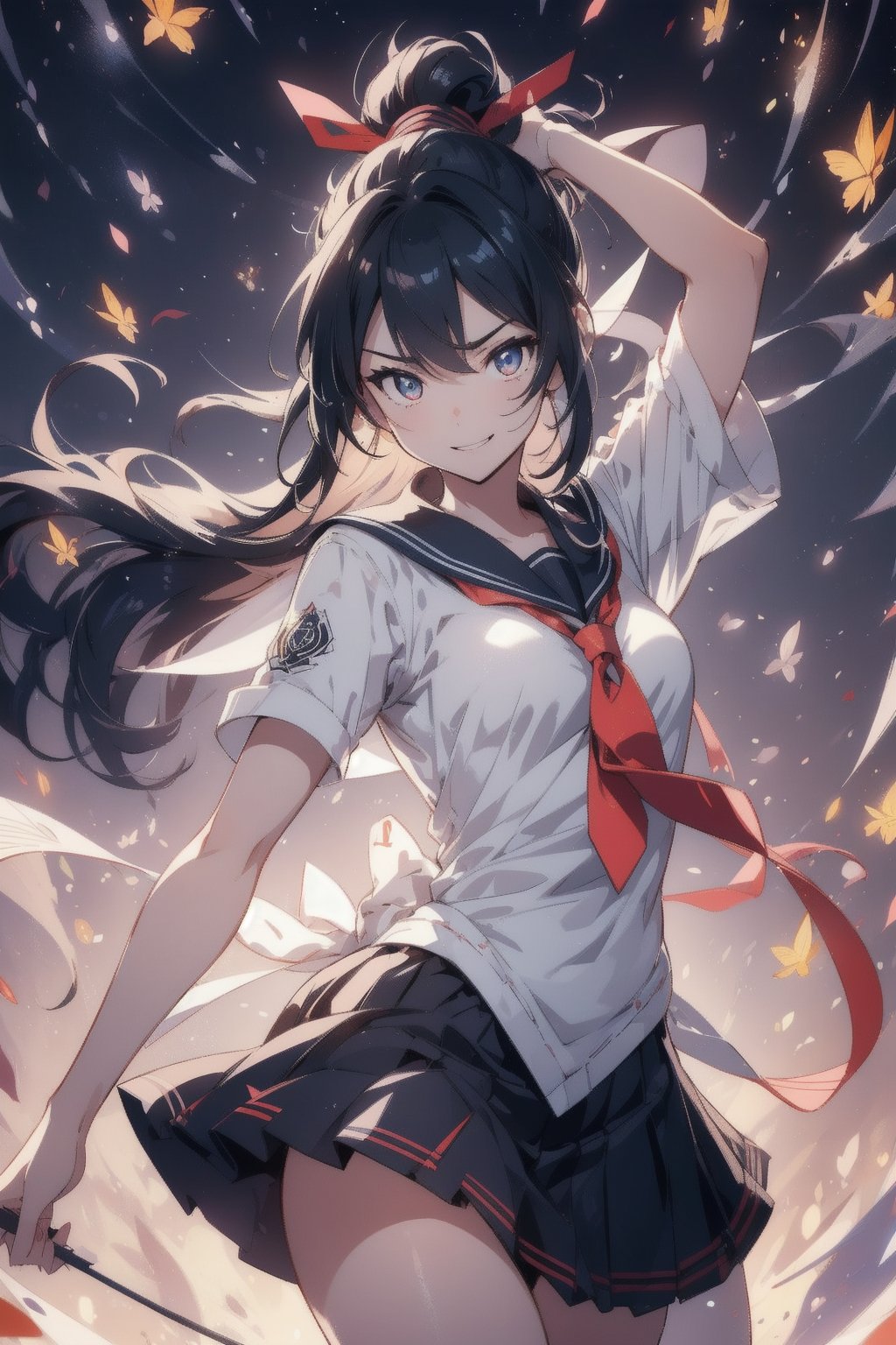 anime style beautiful woman, 1girl, (ponytail), black hair, (long hair), 
(smile), (((standing, one arm up, finger to sky))),
Slender, skinny, (turime), thick eyebrows, 
(school uniform), (sailor uniform), ((red sailor tie)), (white sailor blouse), 
vibrant colors, sharp focus, best quality, depth of field, cinematic lighting, (illustration, 8k CG, extremely detailed), ultra-detailed, high resolution, firefliesfireflies, perfect light, 
stylish pose, 8k, very clear, highest quality, high resolution. best quality, illustration, sax blue, 1girl, cute, (dynamic lighting:1.2), cinematic lighting, delicate facial features, detailed eyes, sharp pupils, realistic pupils, depth of field, bokeh, sharp focus, (hyper-detailed, bloom, glow:1.4), many small gems, circle, Magical Circle, Mantra