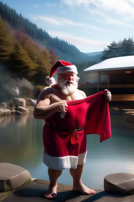  change of pace, Santa Claus  towel in onsen, pure form, no clothing, 