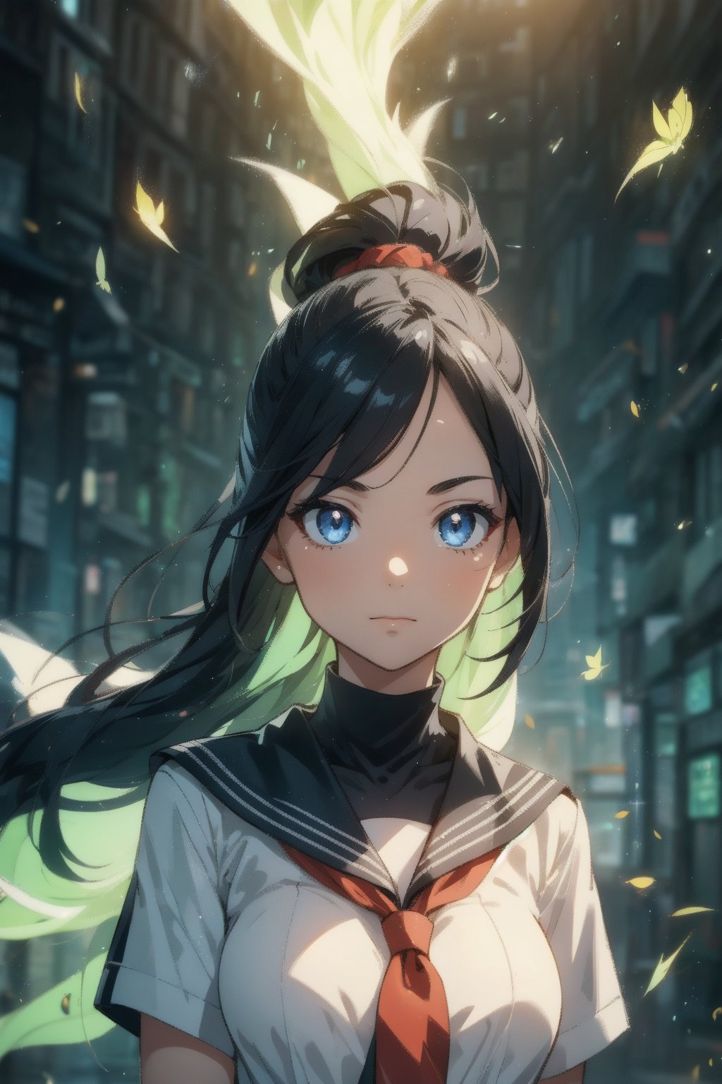anime style beautiful woman, 1girl, (ponytail), black hair, (long hair), 

Slender, skinny, (turime), thick eyebrows, 
(school uniform), (sailor uniform), ((red sailor tie)), (white sailor blouse), 
vibrant colors, sharp focus, best quality, depth of field, cinematic lighting, (illustration, 8k CG, extremely detailed), ultra-detailed, high resolution, firefliesfireflies, perfect light, 
stylish pose, 8k, very clear, highest quality, high resolution. best quality, illustration, sax blue, 1girl, cute, (dynamic lighting:1.2), cinematic lighting, delicate facial features, detailed eyes, sharp pupils, realistic pupils, depth of field, bokeh, sharp focus, (hyper-detailed, bloom, glow:1.4), many small gems
