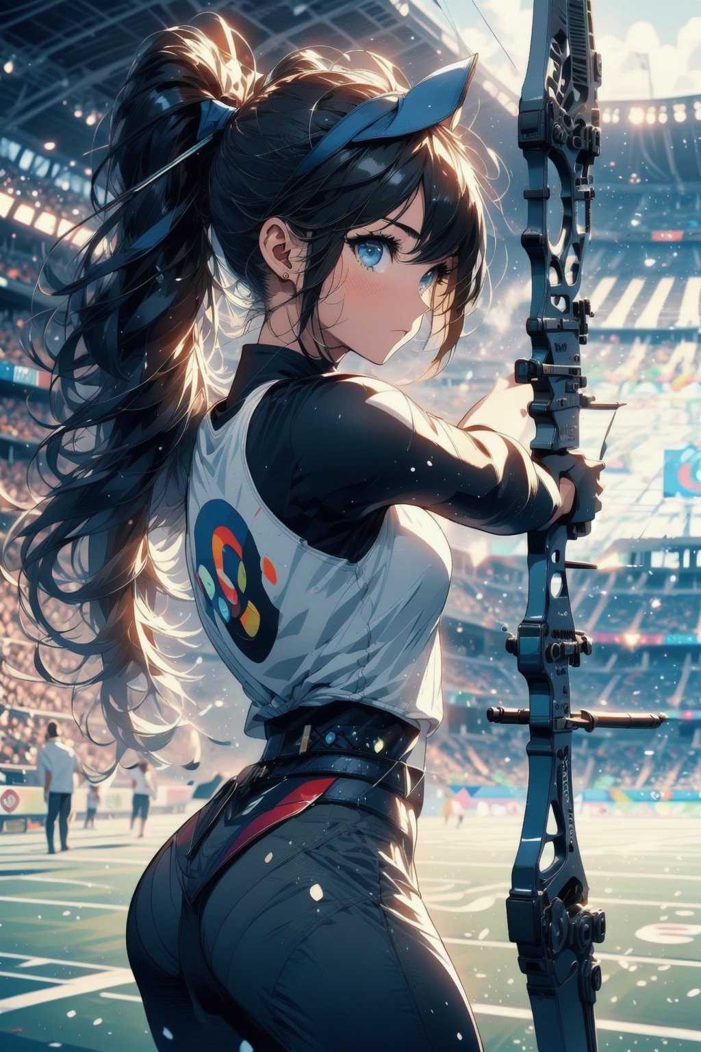 Paris Olympics, (((archery))), Olympic archery competition,
anime style beautiful woman, 1girl, (ponytail), black hair, (long hair), 
Slender, skinny, (turime), thick eyebrows, 

archery, arrow, projectile, blue pants, bow, chest guard, long sleeves, playing sports, single glove, solo, stadium, visor cap, 
((bowstring)), holding bow , holding arrow, aiming, fingerless gloves, player uniform, (target in range),

((Olympic Stadium, crowd in distant stands, stadium, olympic venues)), 
,Midjourney,