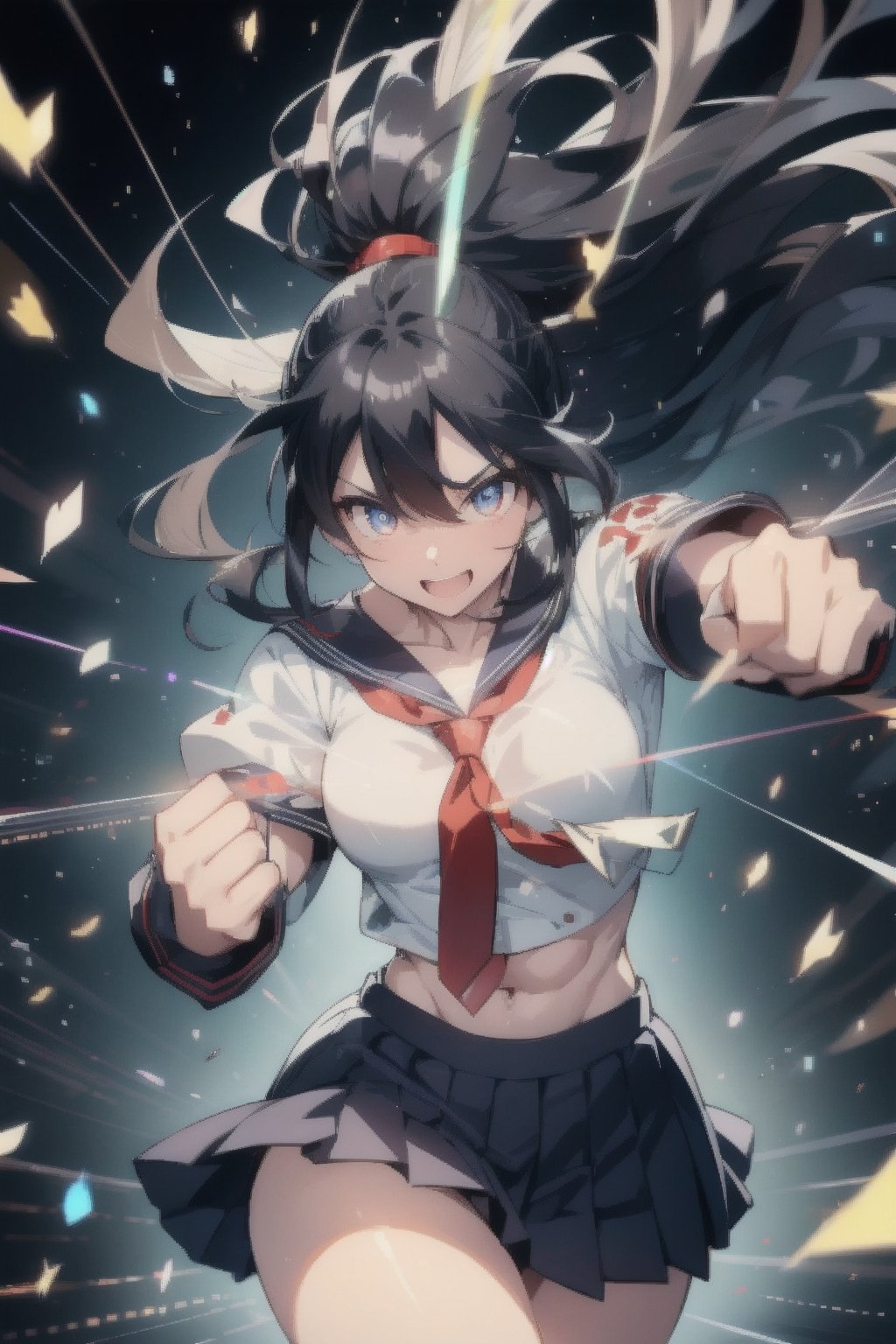 anime style beautiful woman, 1girl, (ponytail), black hair, (long hair), 
(smile), 
Slender, skinny, (turime), thick eyebrows, 
(school uniform), (sailor uniform), ((red sailor tie)), (white sailor blouse), 
(((abs))), ((rushpunch, punching, clenched hands, oreshortening, incoming attack, aura, afterimage, motion lines, speed lines, motion_blur,  energy, glowing,)), ((((punching, fighting stance, motion blur, speed line))), 
vibrant colors, sharp focus, best quality, depth of field, cinematic lighting, (illustration, 8k CG, extremely detailed), ultra-detailed, high resolution, firefliesfireflies, perfect light, 
stylish pose, 8k, very clear, highest quality, high resolution. best quality, illustration, sax blue, 1girl, cute, (dynamic lighting:1.2), cinematic lighting, delicate facial features, detailed eyes, sharp pupils, realistic pupils, depth of field, bokeh, sharp focus, (hyper-detailed, bloom, glow:1.4), many small gems,glowing gold,rushpunch