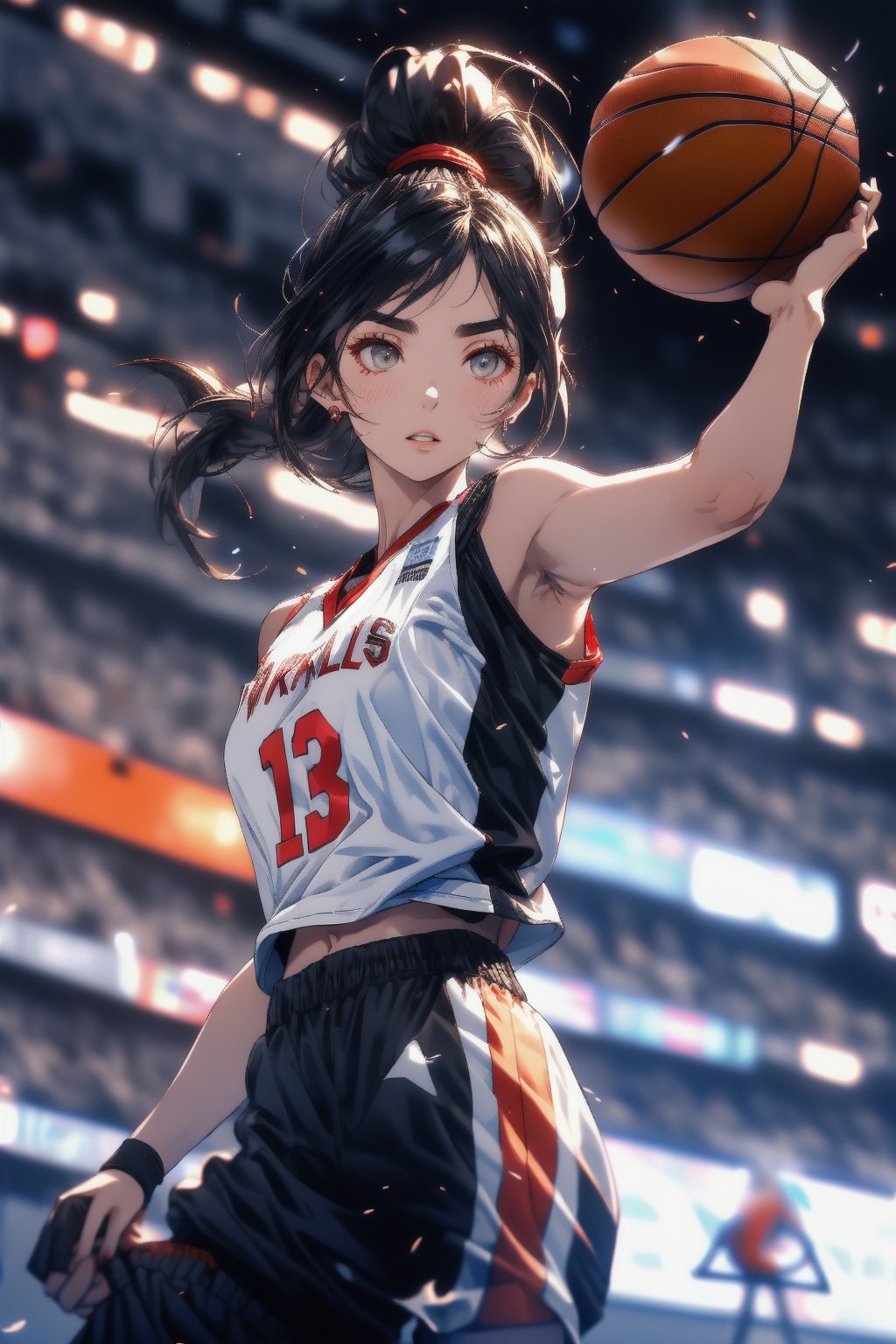 Paris Olympics, (((basketball))),  
anime style beautiful woman, (solo), 1girl, (ponytail), black hair, (long hair), 
Slender, skinny, (turime), thick eyebrows, 
wearing white basketball sport attire, basketball uniform, low rise pants, lace tube top, 
dynamic pose, motion blur, emphasis line, sparks, plasma, aura, 
Olympic Stadium, outdoor basketball court,