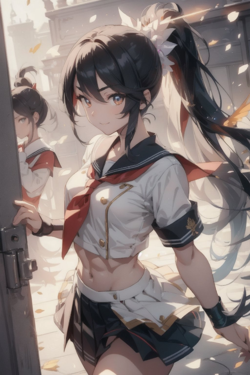 anime style beautiful woman, 1girl, (ponytail), black hair, (long hair), 
(smile), 
Slender, skinny, (turime), thick eyebrows, 
(school uniform), (sailor uniform), ((red sailor tie)), (white sailor blouse), 
(((abs))), acrobatic pose, 
vibrant colors, sharp focus, best quality, depth of field, cinematic lighting, (illustration, 8k CG, extremely detailed), ultra-detailed, high resolution, firefliesfireflies, perfect light, 
stylish pose, 8k, very clear, highest quality, high resolution. best quality, illustration, sax blue, 1girl, cute, (dynamic lighting:1.2), cinematic lighting, delicate facial features, detailed eyes, sharp pupils, realistic pupils, depth of field, bokeh, sharp focus, (hyper-detailed, bloom, glow:1.4), many small gems,glowing gold