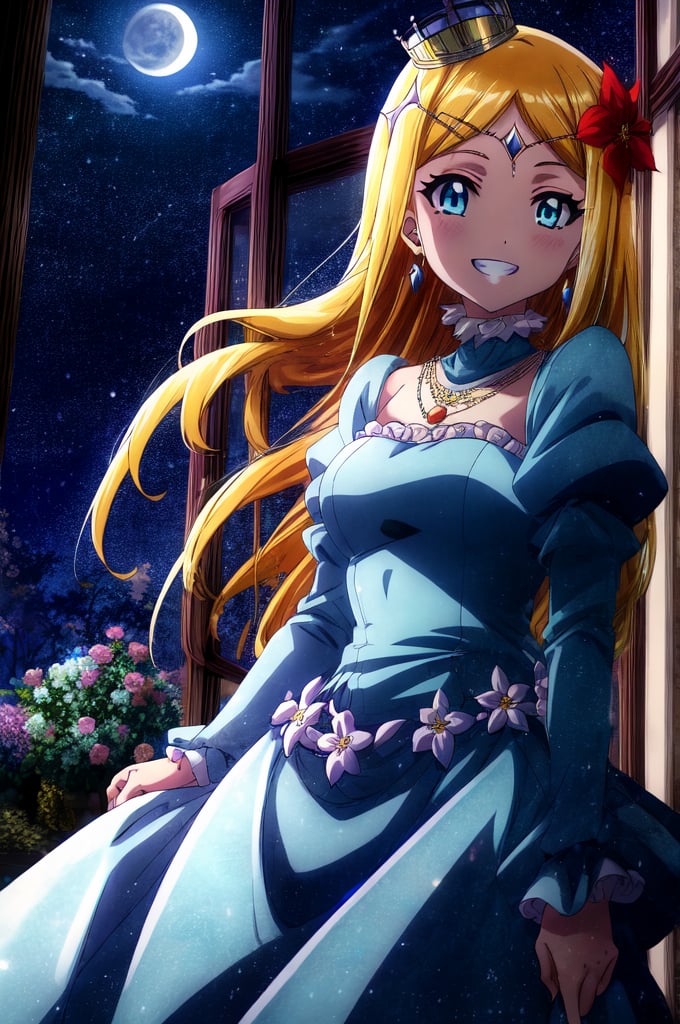 score_9, score_8_up, score_7_up, source_anime, rennertheierechardelonrylevaiself, , renner theiere chardelon ryle vaiself, long hair, blue eyes, blonde hair, hair ornament, very long hair, flower, hair flower, smile, evil smile, evil grin, long sleeves, dress, jewelry, puffy sleeves, necklace, blue dress, crown, princess, frills, indoors, night, night sky, moonlight, moon, curtains, window, looking at viewer, cowboy shot, dutch angle,