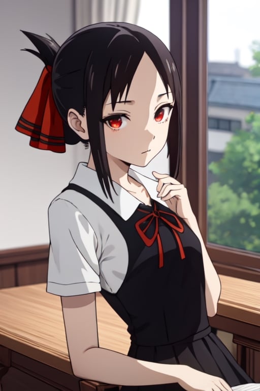 beutiful woman,shinomiya kaguya, kaguyashinomiya, ,kaguya shinomiya, folded ponytail, forehead, hair ribbon, (red eyes:1.5), red ribbon, ribbon, short hair, sidelocks, (small breast:1.2),BREAK black dress, dress, pinafore dress, school uniform, shirt, short sleeves, shuuchiin academy school uniform, white shirt,BREAK looking at viewer,BREAK indoors, classroom,BREAK , (masterpiece:1.2), best quality, high resolution, unity 8k wallpaper, (illustration:0.8), (beautiful detailed eyes:1.6), extremely detailed face, perfect lighting, extremely detailed CG, (perfect hands, perfect anatomy),
