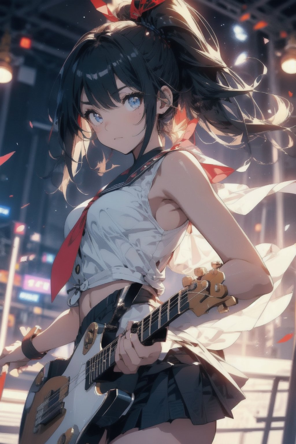 anime style beautiful woman, (1girl), (ponytail), black hair, (long hair), 
Slender, skinny, (turime), thick eyebrows, 
(school uniform), (sailor uniform), ((red sailor tie)), (white sailor blouse), cleavage cutout, navel,  sleeveless, bare shoulders, 
(((guitar, instrument, electric guitar, bass guitar, amplifier, gibson les paul, drum, acoustic guitar, speaker))), 
vibrant colors, sharp focus, best quality, depth of field, cinematic lighting, (illustration, 8k CG, extremely detailed), ultra-detailed, high resolution, firefliesfireflies, perfect light, 
stylish pose, 8k, very clear, highest quality, high resolution. best quality, illustration, sax blue, 1girl, cute, (dynamic lighting:1.2), cinematic lighting, delicate facial features, detailed eyes, sharp pupils, realistic pupils, depth of field, bokeh, sharp focus, (hyper-detailed, bloom, glow:1.4), many small gems