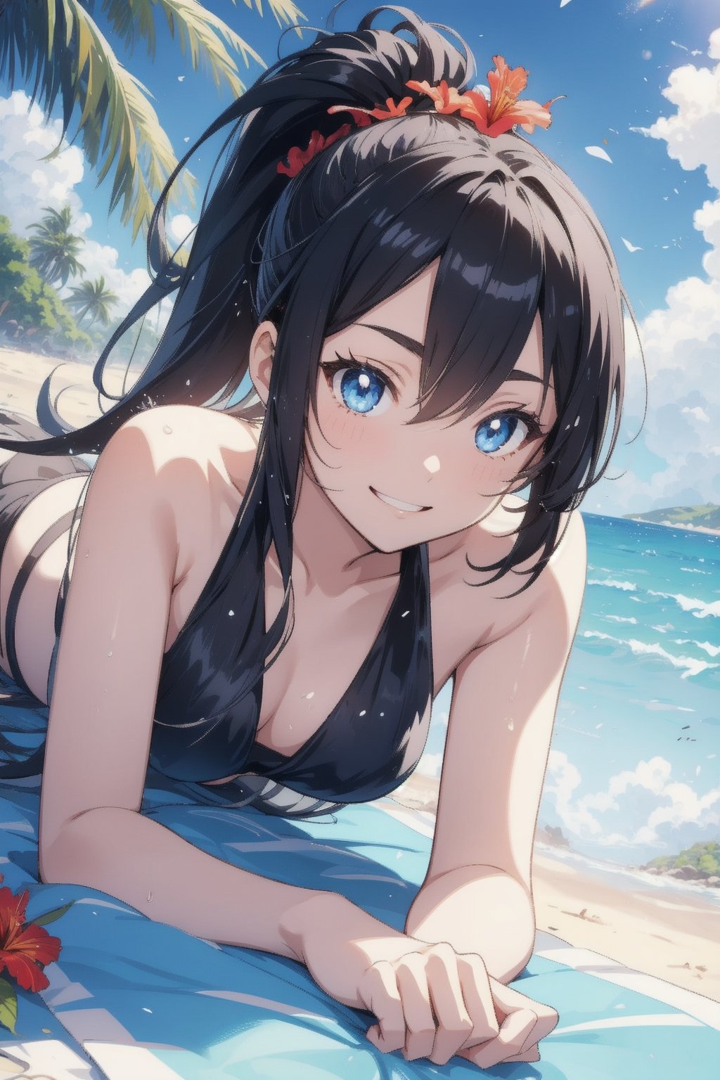 anime style beautiful woman, 1girl, (ponytail), black hair, (long hair), (smile), (beach), (outdoor, blue sky, beautiful fantasy tropics, sweet smile, vivid color, sunshine, flowers, hibiscus, scenery, Beautiful Beach)),  
Slender, skinny, (turime), thick eyebrows, 
((lying down, wet)),
vibrant colors, sharp focus, best quality, depth of field, cinematic lighting, (illustration, 8k CG, extremely detailed), ultra-detailed, high resolution, firefliesfireflies, perfect light, 
stylish pose, 8k, very clear, highest quality, high resolution. best quality, illustration, sax blue, 1girl, cute, (dynamic lighting:1.2), cinematic lighting, delicate facial features, detailed eyes, sharp pupils, realistic pupils, depth of field, bokeh, sharp focus, (hyper-detailed, bloom, glow:1.4), many small gems,Beautiful Beach