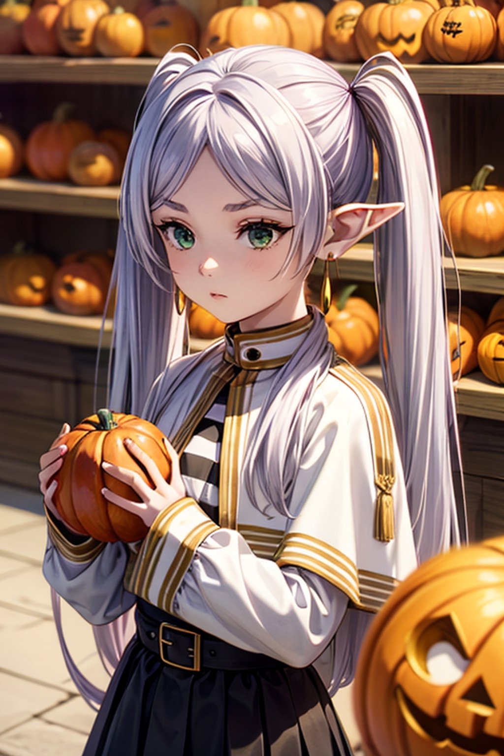 beautiful girl, petite, emotionless, holding a carved pumpkin, surrounded by pumpkin, light purple hair, green eyes, side twintails, center parted, no ribbon on head, elf years, long years,  Slender, skinny, Flat Chest, small breasts, (portrait), upper body, cute lovely,  detailed face, detailed body, shirt, long sleeves, jewelry, pantyhose, earrings, striped, black pantyhose, capelet, striped shirt, frieren, highest quality, high resolution.,frieren, 