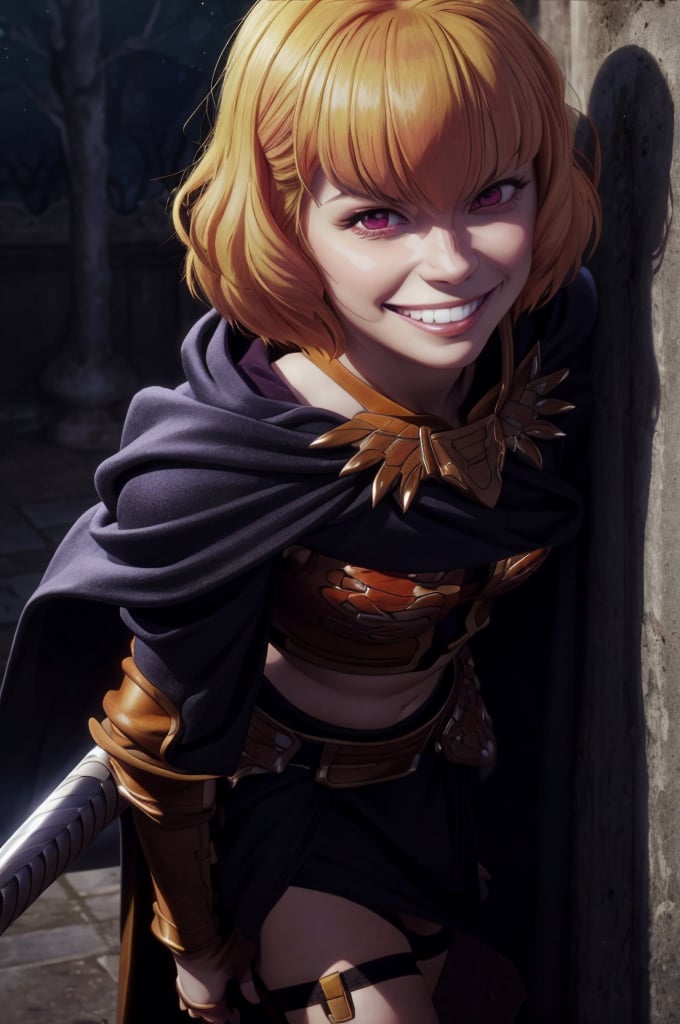 Clementine, pov, girl, red eyes, pupils, blond hair, short hair, masterpiece, best quality, highly detailed, absurdres, illustration, official art, high resolution, depth of field, midriff, garter belt, armor, leg armor, stiletto sword, cloak, sinister tone, detailed background, best quality, high resolution.,breakdomain,clementine, evil grin, blushing, face, close up, leaning forward, 