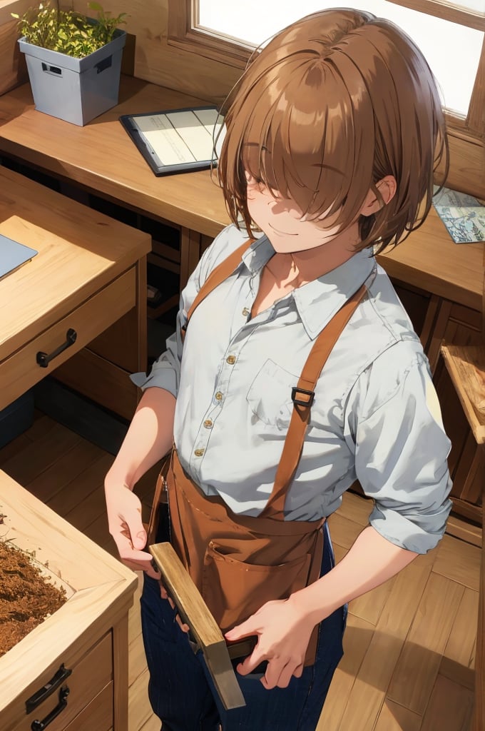 (masterpiece), (best quality), 8k illustration, hair over eyes, anime style, Medieval house, upper body, from above, smile, blue eyes,  
young man holding a vial, drawn with a detailed anime style, serious expression, short blonde hair covering eyes, (wearing a white button-up shirt, dark brown pants, long brown apron with stitches), work shoes, standing pose, eyes hidden by bangs, indoor setting, wood desk, candlelight and herbs on wood table, wood chairs, front view, deep depth of field, Half-timbered Construction