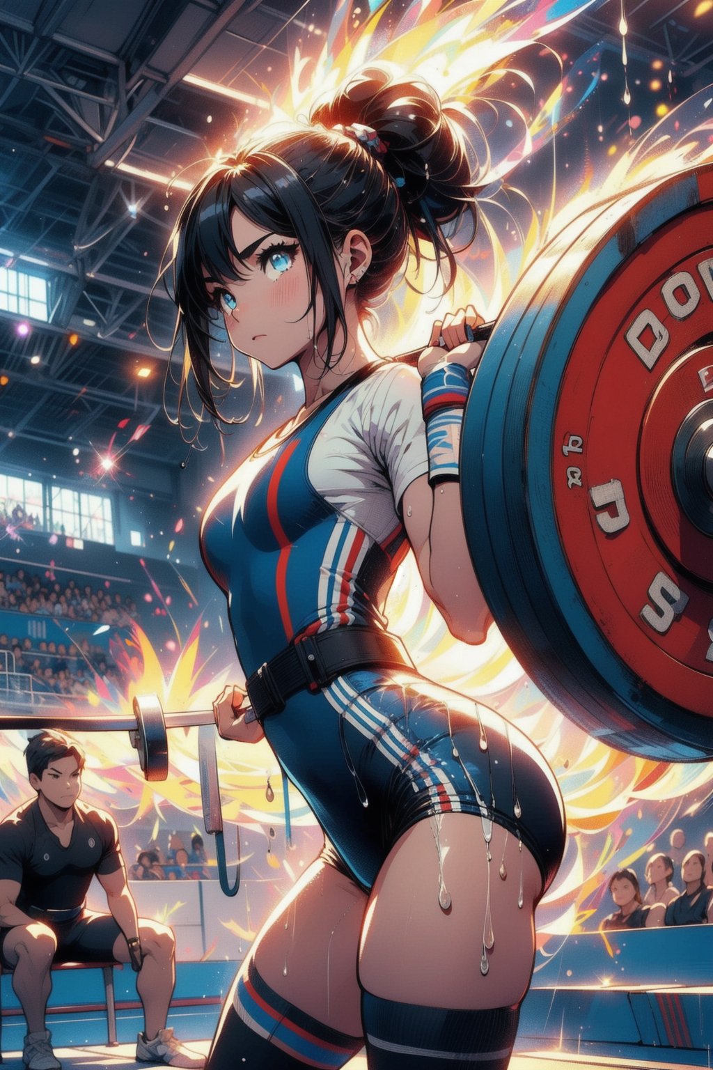 Paris Olympics, (((weightlifting)))
anime style beautiful woman, 1girl, (ponytail), black hair, (long hair), 
Slender, skinny, (turime), thick eyebrows, 
 (wet), tight_clothes, 
Olympic Stadium, stage, 
vibrant colors, sharp focus, best quality, depth of field, cinematic lighting, (illustration, 8k CG, extremely detailed), ultra-detailed, high resolution, firefliesfireflies, perfect light, 
8k, very clear, highest quality, high resolution. best quality, illustration, sax blue, 1girl, cute, (dynamic lighting:1.2), cinematic lighting, delicate facial features, detailed eyes, sharp pupils, realistic pupils, depth of field, bokeh, sharp focus, (hyper-detailed, bloom, glow:1.4), many small gems,girl,Midjourney, looking viewer, facing viewer, multiple boys, fingerless gloves, cheering, official scorer, crowd in distant stands, stadium, olympic venues, sports shorts, athletes uniforms, ((olympic rings symbol)), ((barbell)),