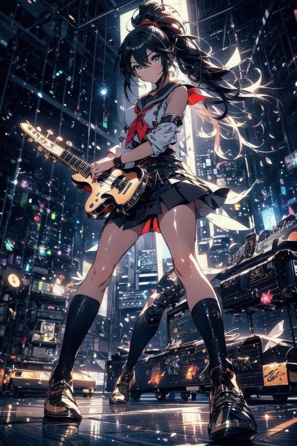 anime style beautiful woman, (1girl), (ponytail), black hair, (long hair), 
Slender, skinny, (turime), thick eyebrows, 
(school uniform), (sailor uniform), ((red sailor tie)), (white sailor blouse), cleavage cutout, navel,  sleeveless, bare shoulders, 
(((guitar, instrument, electric guitar, bass guitar, amplifier, gibson les paul, drum, acoustic guitar, speaker))), 
vibrant colors, sharp focus, best quality, depth of field, cinematic lighting, (illustration, 8k CG, extremely detailed), ultra-detailed, high resolution, firefliesfireflies, perfect light, 
stylish pose, 8k, very clear, highest quality, high resolution. best quality, illustration, sax blue, 1girl, cute, (dynamic lighting:1.2), cinematic lighting, delicate facial features, detailed eyes, sharp pupils, realistic pupils, depth of field, bokeh, sharp focus, (hyper-detailed, bloom, glow:1.4), many small gems