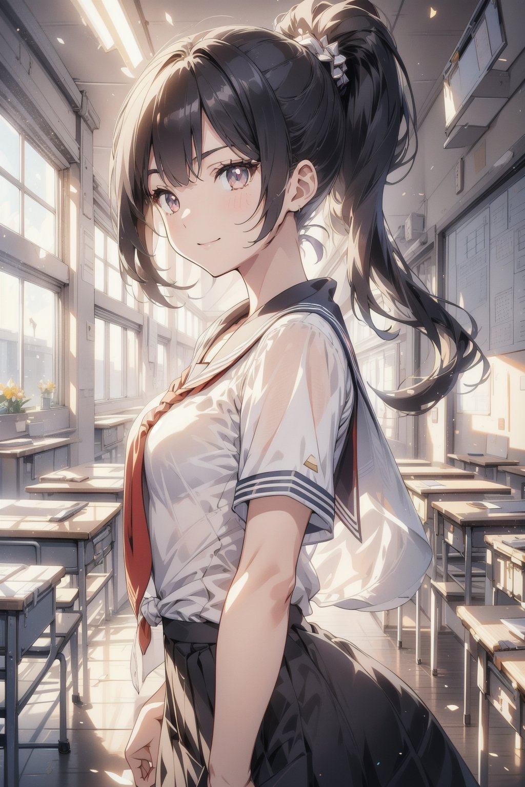 anime style beautiful woman, 1girl, (ponytail), black hair, (long hair), (smile), (((Classroom, blurry background))),
Slender, skinny, (turime), thick eyebrows, 
(school uniform), (sailor uniform), ((red sailor tie)), (white sailor blouse),  
vibrant colors, sharp focus, best quality, depth of field, cinematic lighting, (illustration, 8k CG, extremely detailed), ultra-detailed, high resolution, firefliesfireflies, perfect light, 
stylish pose, 8k, very clear, highest quality, high resolution. best quality, illustration, sax blue,  (dynamic lighting:1.2), cinematic lighting, delicate facial features, detailed eyes, sharp pupils, realistic pupils, depth of field, bokeh, sharp focus, (hyper-detailed, bloom, glow:1.4), many small gems, 
 Classroom,light,see-through,glitter,IncrsAnyasHehFaceMeme