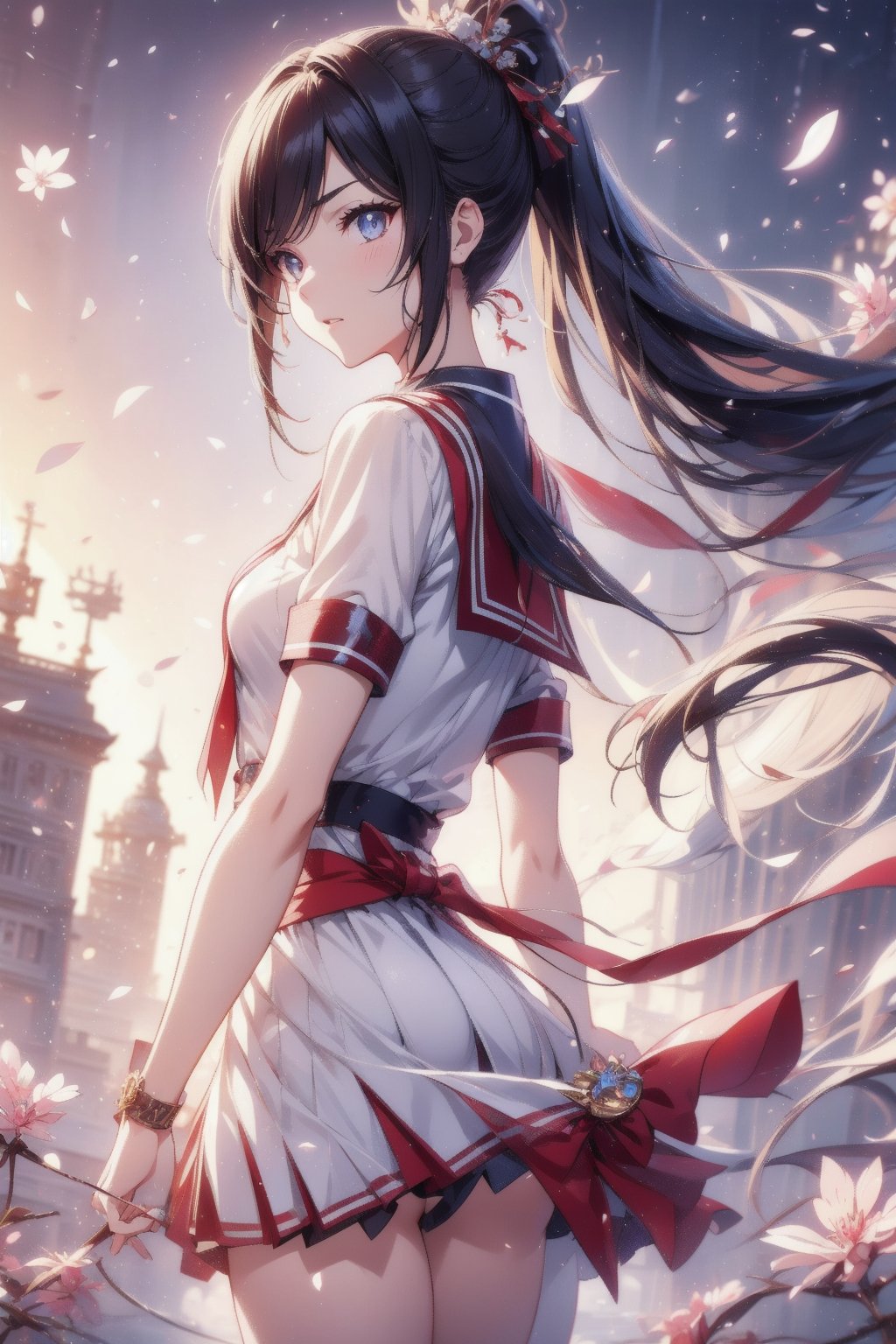 anime style beautiful woman, 1girl, (ponytail), black hair, (long hair), 

Slender, skinny, (turime), thick eyebrows, 
(school uniform), (sailor uniform), ((red sailor tie)), (white sailor blouse), 
vibrant colors, sharp focus, best quality, depth of field, cinematic lighting, (illustration, 8k CG, extremely detailed), ultra-detailed, high resolution, firefliesfireflies, perfect light, 
stylish pose, 8k, very clear, highest quality, high resolution. best quality, illustration, sax blue, 1girl, cute, (dynamic lighting:1.2), cinematic lighting, delicate facial features, detailed eyes, sharp pupils, realistic pupils, depth of field, bokeh, sharp focus, (hyper-detailed, bloom, glow:1.4), many small gems,girl