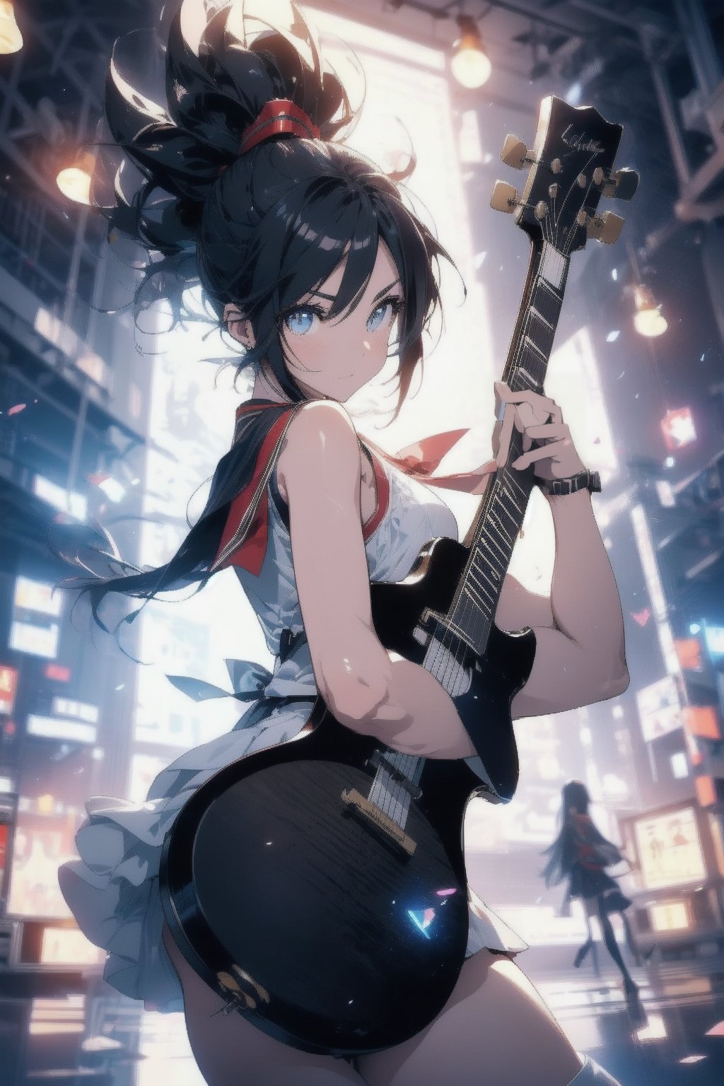 anime style beautiful woman, (1girl), (ponytail), black hair, (long hair), 
Slender, skinny, (turime), thick eyebrows, 
(school uniform), (sailor uniform), ((red sailor tie)), (white sailor blouse), cleavage cutout, navel,  sleeveless, bare shoulders, 
(((guitar, instrument, electric guitar, bass guitar, amplifier, gibson les paul, drum, acoustic guitar, speaker))), 
vibrant colors, sharp focus, best quality, depth of field, cinematic lighting, (illustration, 8k CG, extremely detailed), ultra-detailed, high resolution, firefliesfireflies, perfect light, 
stylish pose, 8k, very clear, highest quality, high resolution. best quality, illustration, sax blue, 1girl, cute, (dynamic lighting:1.2), cinematic lighting, delicate facial features, detailed eyes, sharp pupils, realistic pupils, depth of field, bokeh, sharp focus, (hyper-detailed, bloom, glow:1.4), many small gems