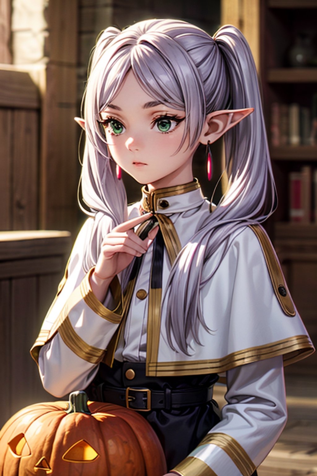 beautiful girl, petite, emotionless, holding a carved pumpkin, surrounded by pumpkin, light purple hair, green eyes, side twintails, center parted, no ribbon on head, elf years, long years,  Slender, skinny, Flat Chest, small breasts, (portrait), upper body, cute lovely,  detailed face, detailed body, shirt, long sleeves, jewelry, pantyhose, earrings, striped, black pantyhose, capelet, striped shirt, frieren, highest quality, high resolution.,frieren, 