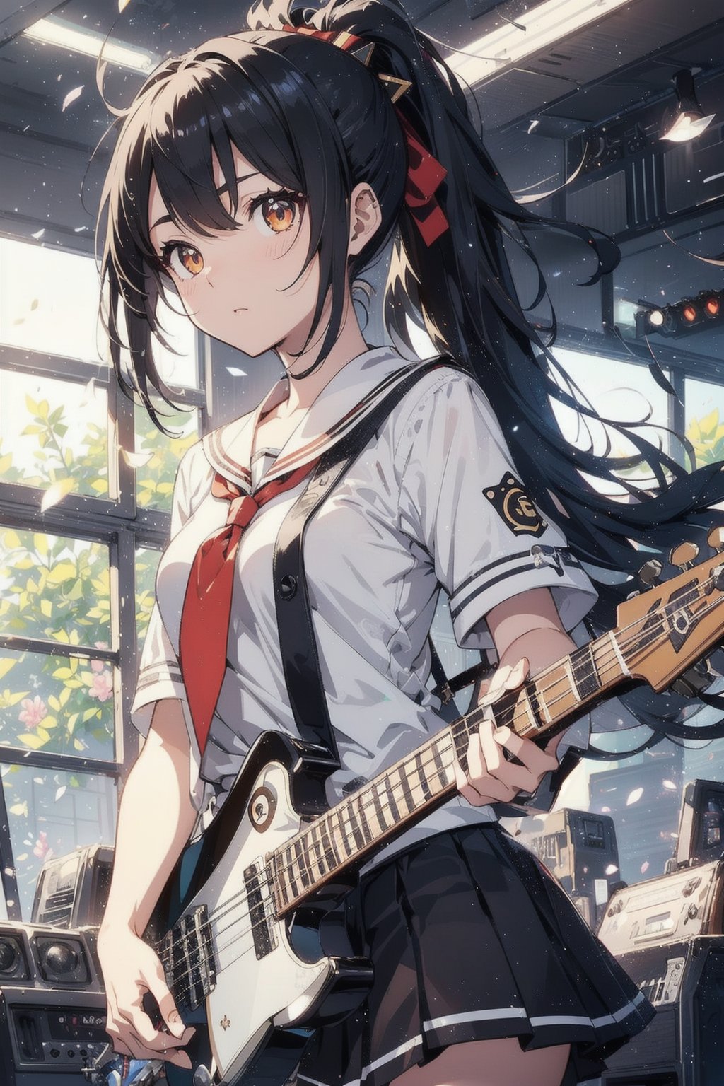 anime style beautiful woman, (1girl), (ponytail), black hair, (long hair), 
(((guitar, instrument, electric guitar, bass guitar, amplifier, gibson les paul, drum, acoustic guitar, speaker))), 
Slender, skinny, (turime), thick eyebrows, 
(school uniform), (sailor uniform), ((red sailor tie)), (white sailor blouse), 
vibrant colors, sharp focus, best quality, depth of field, cinematic lighting, (illustration, 8k CG, extremely detailed), ultra-detailed, high resolution, firefliesfireflies, perfect light, 
stylish pose, 8k, very clear, highest quality, high resolution. best quality, illustration, sax blue, 1girl, cute, (dynamic lighting:1.2), cinematic lighting, delicate facial features, detailed eyes, sharp pupils, realistic pupils, depth of field, bokeh, sharp focus, (hyper-detailed, bloom, glow:1.4), many small gems