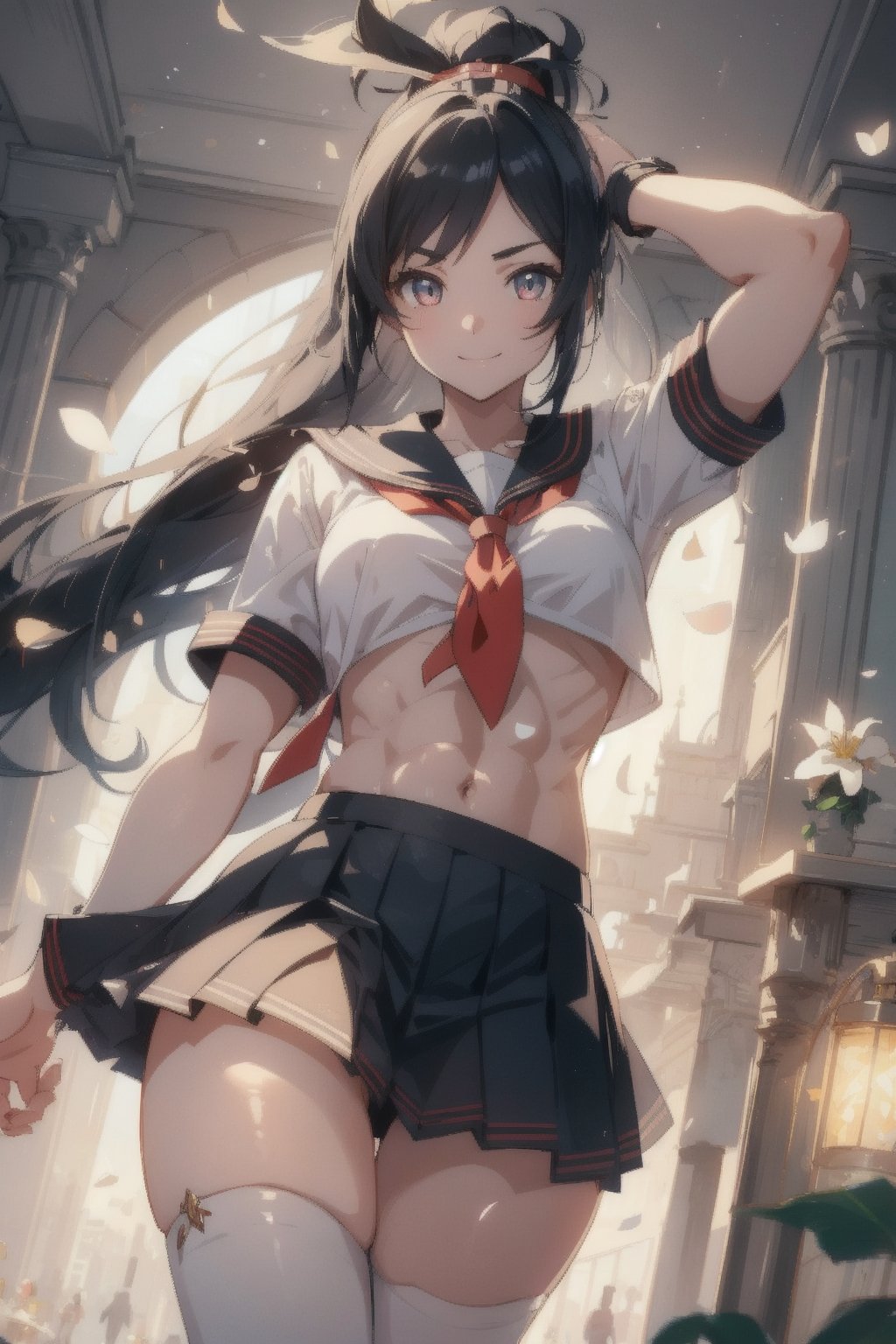 anime style beautiful woman, 1girl, (ponytail), black hair, (long hair), 
(smile), 
Slender, skinny, (turime), thick eyebrows, 
(school uniform), (sailor uniform), ((red sailor tie)), (white sailor blouse), 
(((abs))), acrobatic pose, 
vibrant colors, sharp focus, best quality, depth of field, cinematic lighting, (illustration, 8k CG, extremely detailed), ultra-detailed, high resolution, firefliesfireflies, perfect light, 
stylish pose, 8k, very clear, highest quality, high resolution. best quality, illustration, sax blue, 1girl, cute, (dynamic lighting:1.2), cinematic lighting, delicate facial features, detailed eyes, sharp pupils, realistic pupils, depth of field, bokeh, sharp focus, (hyper-detailed, bloom, glow:1.4), many small gems,glowing gold