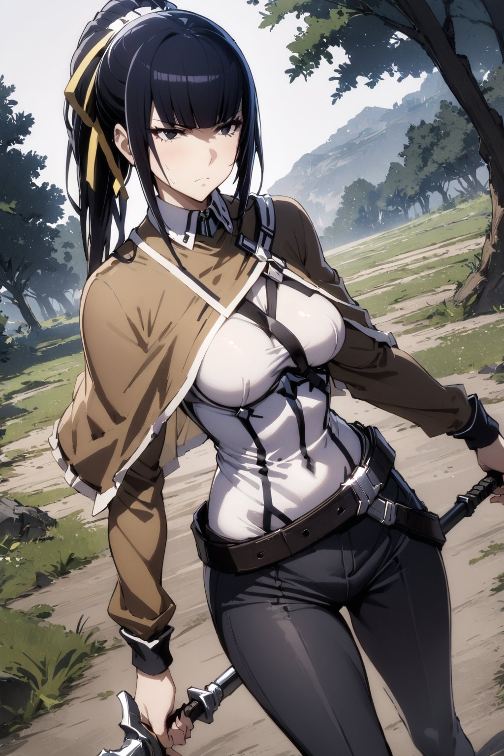 1girl, masterpiece, best quality, very aesthetic, absurdres,narberal gamma \(overlord\), black hair, black eyes, slim body, 
yellow hair ribbon, long sleeves, brown capelet, belt, pants, weapon, 
serious face, 
field, tree, ground, 
