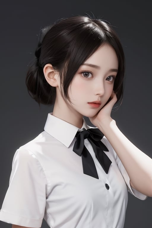 christmas, beutiful woman, shinomiya kaguya, folded ponytail, forehead, hair ribbon, brown eyes, (red ribbon), ribbon, short hair, sidelocks, small breast ,black dress, dress, pinafore dress, school uniform, shirt, short sleeves, shuuchiin academy school uniform, white shirt, looking at viewer, best quality, high resolution, unity 8k wallpaper, illustration, beautiful detailed eyes, extremely detailed face, perfect lighting, extremely detailed CG, perfect hands, perfect anatomy,folded ponytail, high_school_girl, mai, 1girl,