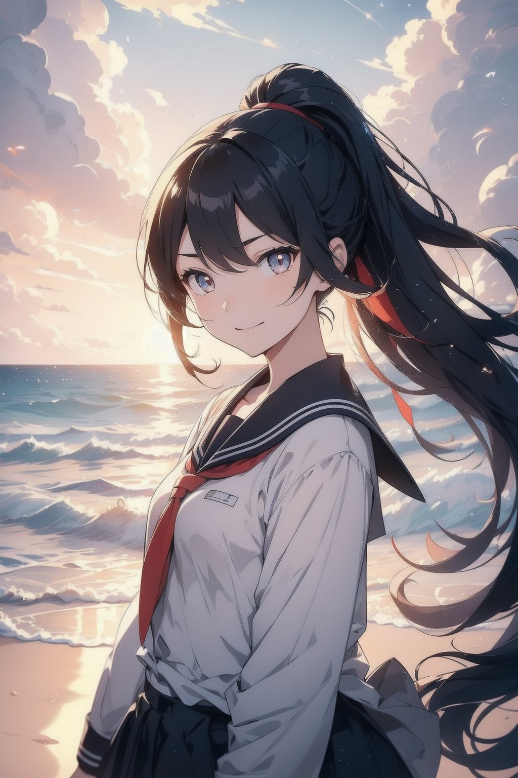 anime style beautiful woman, 1girl, (ponytail), black hair, (long hair), (smile), (beach), (A blanket of clouds stretching across the sky, diffusing sunlight and creating a soft, subdued atmosphere)),  
Slender, skinny, (turime), thick eyebrows, 
(school uniform), (sailor uniform), ((red sailor tie)), (white sailor blouse), 
vibrant colors, sharp focus, best quality, depth of field, cinematic lighting, (illustration, 8k CG, extremely detailed), ultra-detailed, high resolution, firefliesfireflies, perfect light, 
stylish pose, 8k, very clear, highest quality, high resolution. best quality, illustration, sax blue, 1girl, cute, (dynamic lighting:1.2), cinematic lighting, delicate facial features, detailed eyes, sharp pupils, realistic pupils, depth of field, bokeh, sharp focus, (hyper-detailed, bloom, glow:1.4), many small gems,Beautiful Beach,rain,niji,light