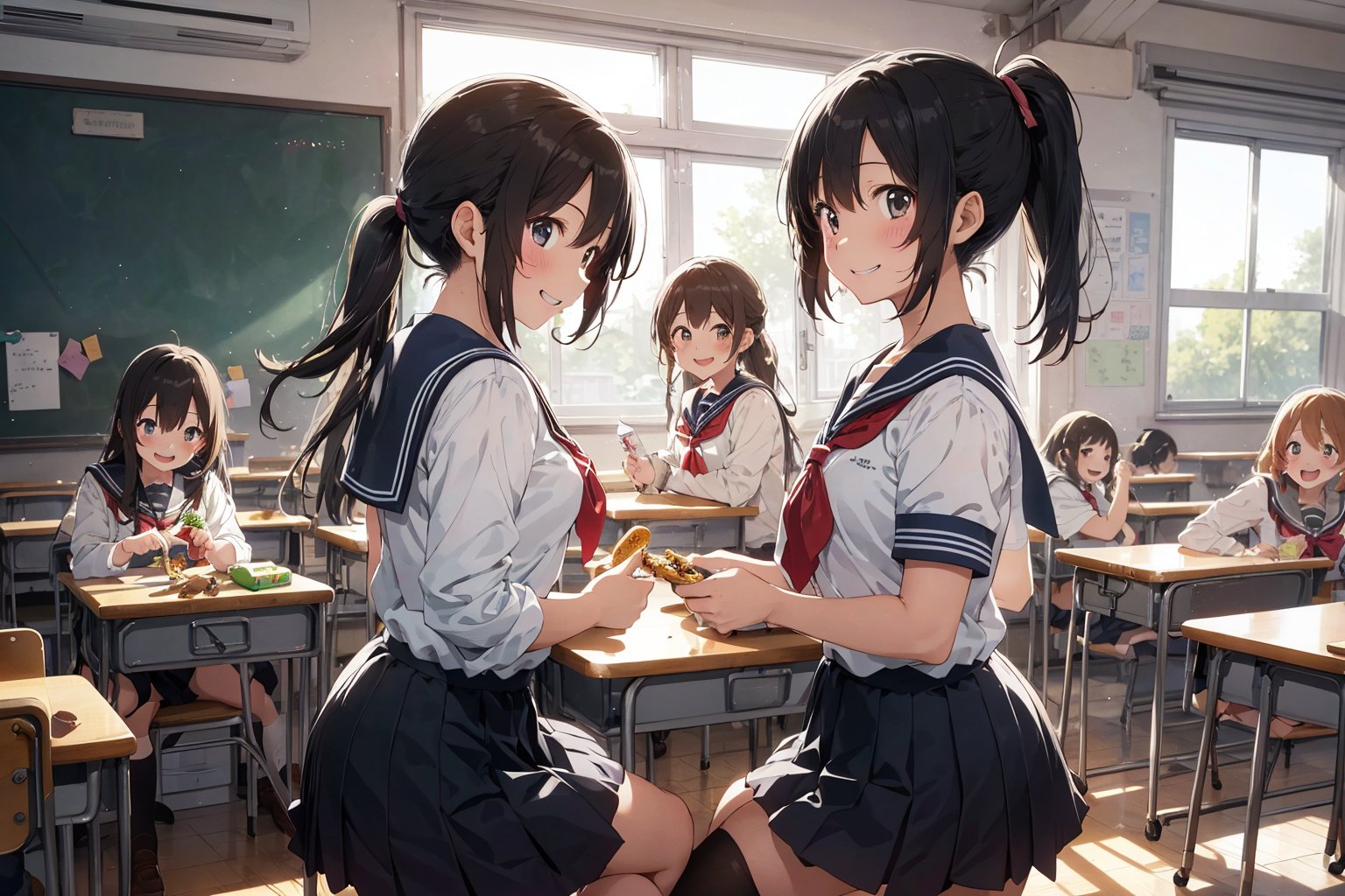 anime style beautiful woman, 1girl, (ponytail), black hair, (long hair), (smile),
Slender, skinny, (turime), thick eyebrows, 
(school uniform), (sailor uniform), ((red sailor tie)), (white sailor blouse), 
1girl, An illustration inspired by "After School Tea Time" depicts high school girls enjoying each other's company in a classroom after school. The soft light of the setting sun streams through the windows, bathing the room in a warm orange glow. The desks are laden with snacks and drinks, and the girls are relaxed and laughing together. Musical instruments like guitars and drums are scattered around, hinting at their band activities. One girl is talking while holding a snack, and another is smiling and nodding. In the background, the blackboard and bulletin board evoke the typical school setting. This illustration beautifully captures the warm, precious moments spent with friends after school.
(bokeh:1.1), ,breakdomain,light,perfect light,Classroom