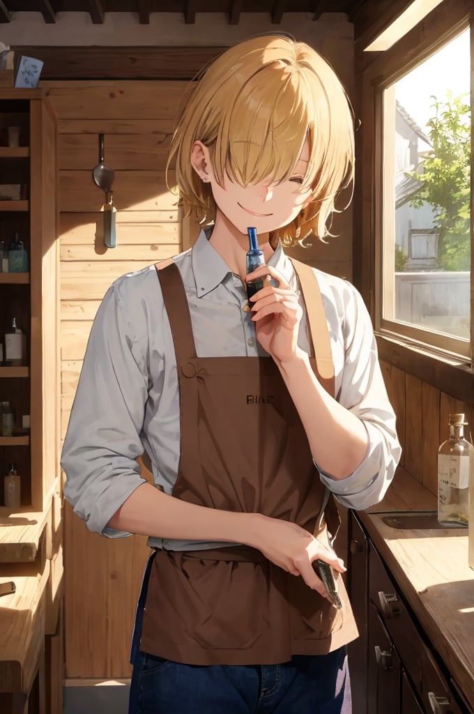 (masterpiece), (best quality), 8k illustration, anime style, Simpler rooms, less stuff, 
boy, hair over eyes, smile, blue eyes, (short blonde hair covering eyes), eyes hidden by bangs,
((young man holding a parple vial)), (wearing a white button-up shirt, dark brown pants, long brown apron with stitches), work shoes, 
Medieval house, indoor setting, wood desk, candlelight and herbs on wood table, wood chairs, 
close up, face, front view, deep depth of field, portrate, 