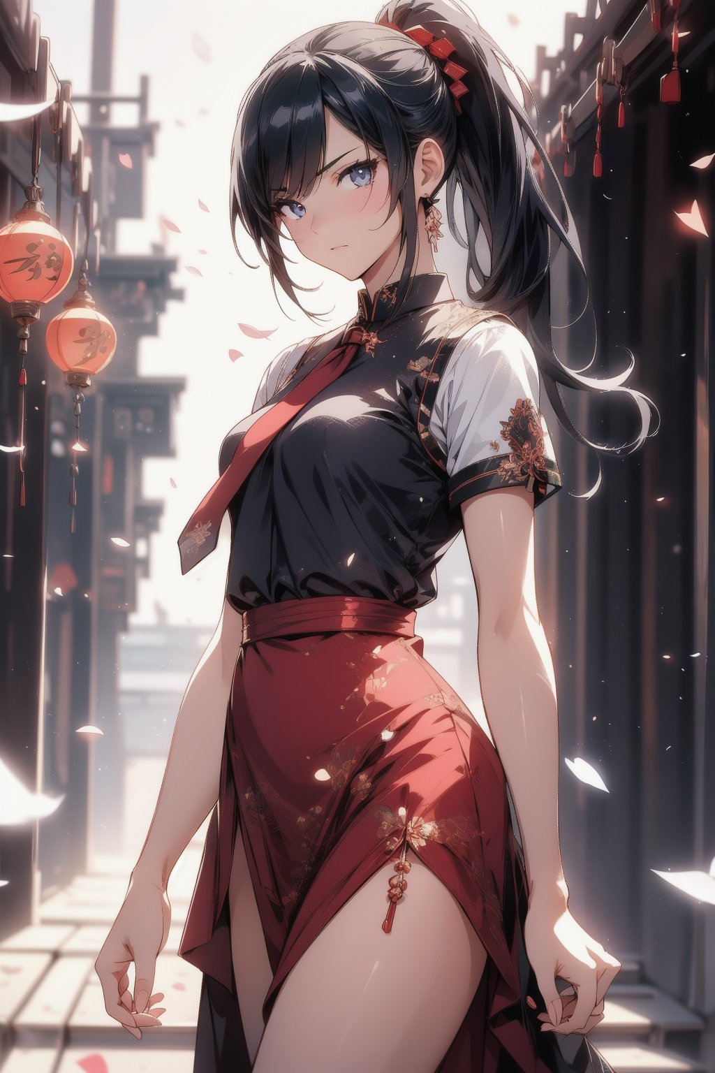 anime style beautiful woman, 1girl, (ponytail), black hair, (long hair), 
Fashion cheongsam, 
Slender, skinny, (turime), thick eyebrows, 
(school uniform), (sailor uniform), ((red sailor tie)), (white sailor blouse), 
vibrant colors, sharp focus, best quality, depth of field, cinematic lighting, (illustration, 8k CG, extremely detailed), ultra-detailed, high resolution, firefliesfireflies, perfect light, 
stylish pose, 8k, very clear, highest quality, high resolution. best quality, illustration, sax blue, 1girl, cute, (dynamic lighting:1.2), cinematic lighting, delicate facial features, detailed eyes, sharp pupils, realistic pupils, depth of field, bokeh, sharp focus, (hyper-detailed, bloom, glow:1.4), many small gems