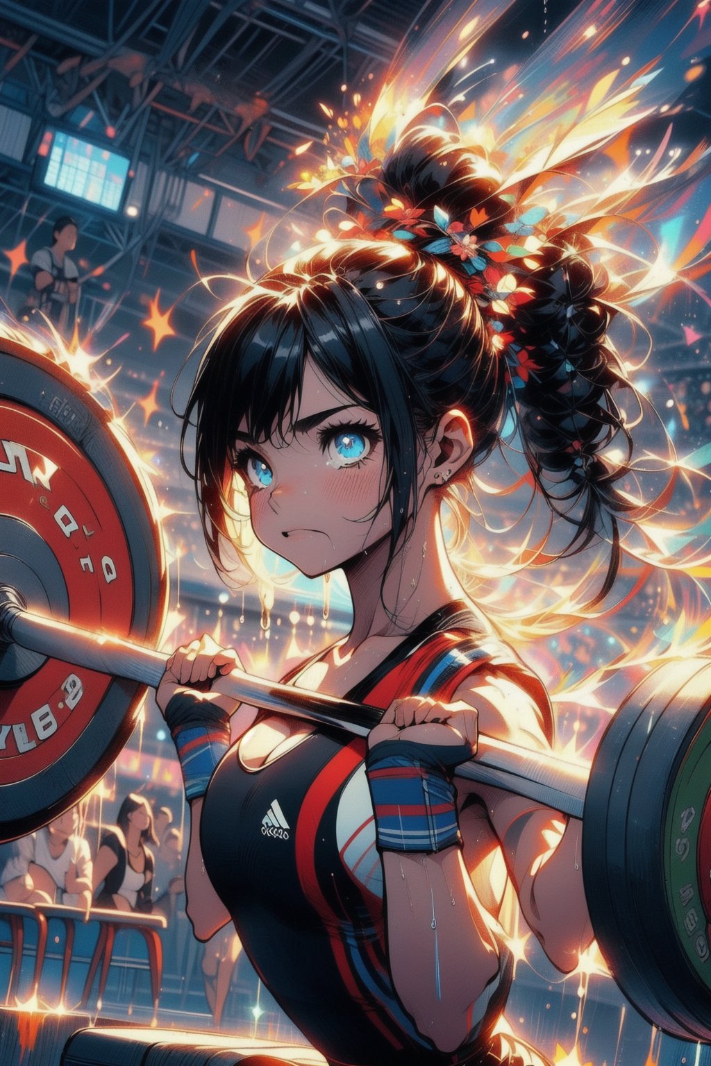 Paris Olympics, (((weightlifting)))
anime style beautiful woman, 1girl, (ponytail), black hair, (long hair), 
Slender, skinny, (turime), thick eyebrows, 
 (wet), tight_clothes, 
Olympic Stadium, stage, 
vibrant colors, sharp focus, best quality, depth of field, cinematic lighting, (illustration, 8k CG, extremely detailed), ultra-detailed, high resolution, firefliesfireflies, perfect light, 
8k, very clear, highest quality, high resolution. best quality, illustration, sax blue, 1girl, cute, (dynamic lighting:1.2), cinematic lighting, delicate facial features, detailed eyes, sharp pupils, realistic pupils, depth of field, bokeh, sharp focus, (hyper-detailed, bloom, glow:1.4), many small gems,girl,Midjourney,volleyball uniform, big tits, cleavage, looking viewer, facing viewer, multiple boys, fingerless gloves, cheering, official scorer, crowd in distant stands, stadium, olympic venues, sports shorts, athletes uniforms, ((olympic rings symbol)), ((barbell)),