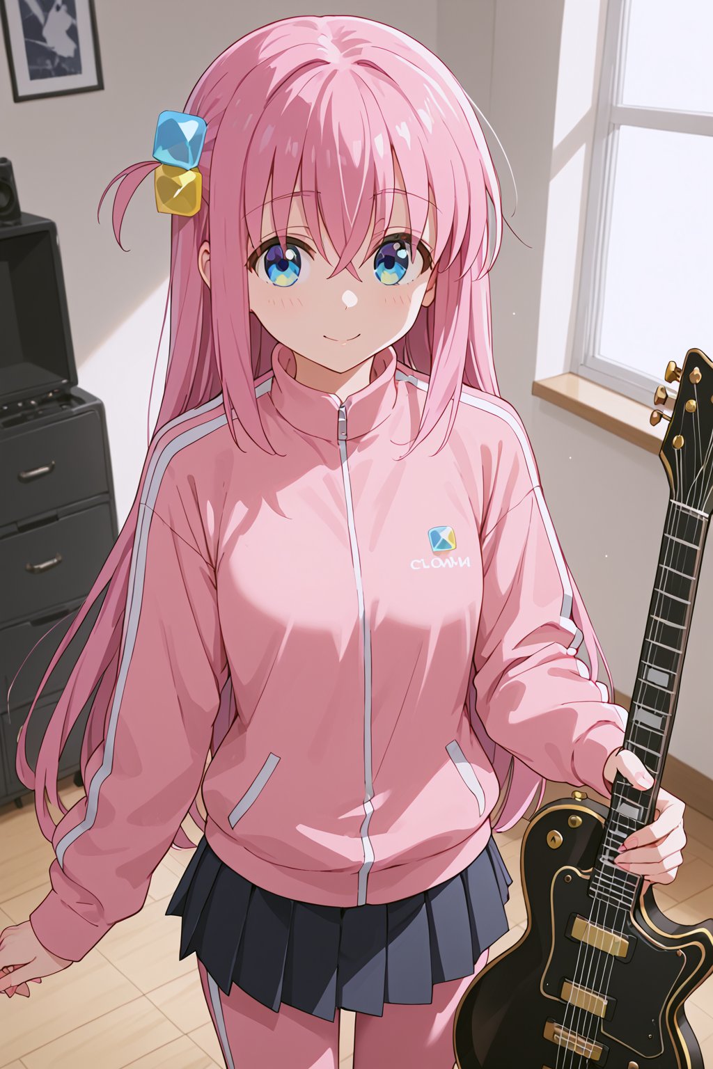 score_9, score_8_up, score_7_up, score_6_up, source_anime, (ultra-detailed:1.5), Score_Anime, looking at viewer, room, (((playing the guitar))), dynamic angle, hitori gotou, big eyes, blue eyes, cube hair ornament, hair between eyes, hair ornament, pink hair, one side up, long hair, black skirt, jacket, long sleeves, pants, pants under skirt, pink jacket, pink pants, pleated skirt, skirt, track jacket, track pants, track suit, ,(((5_fingers))),beautiful_female_fingers,