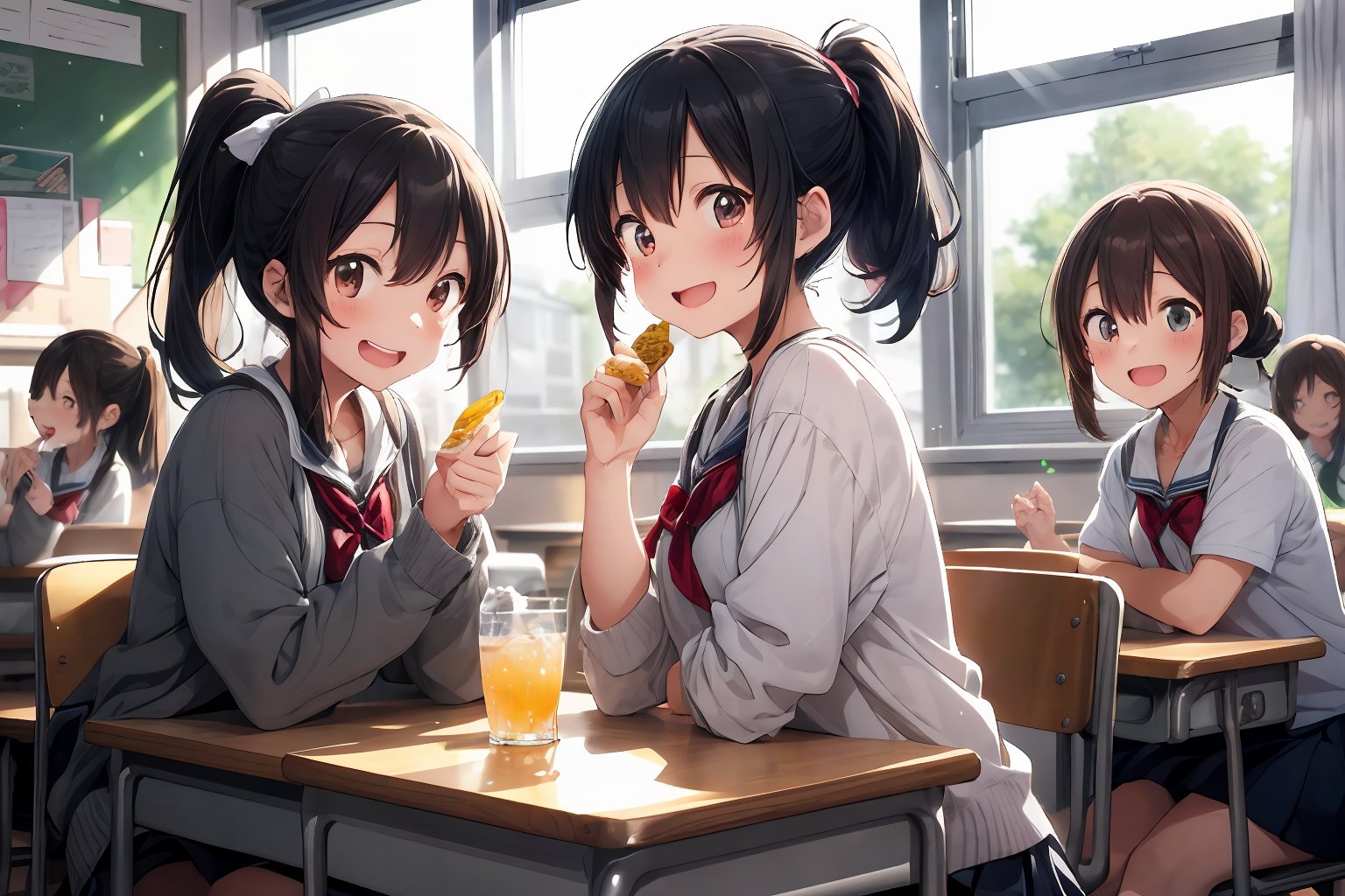 anime style beautiful women, ponytail, 
An illustration inspired by "After School Tea Time" depicts high school girls enjoying each other's company in a classroom after school. The soft light of the setting sun streams through the windows, bathing the room in a warm orange glow. The desks are laden with snacks and drinks, and the girls are relaxed and laughing together. Musical instruments like guitars and drums are scattered around, hinting at their band activities. One girl is talking while holding a snack, and another is smiling and nodding. In the background, the blackboard and bulletin board evoke the typical school setting. This illustration beautifully captures the warm, precious moments spent with friends after school