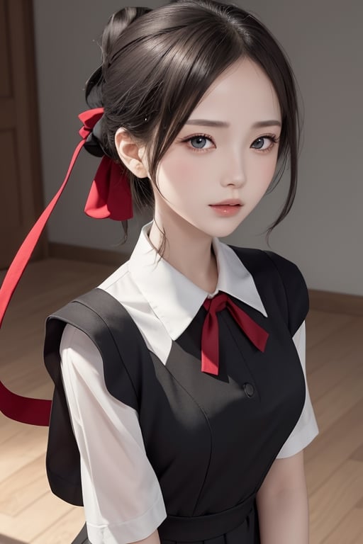 emotionless, beutiful woman, shinomiya kaguya, folded ponytail, forehead, hair ribbon, brown eyes, (red ribbon), ribbon, short hair, sidelocks, small breast ,black dress, dress, pinafore dress, school uniform, shirt, short sleeves, shuuchiin academy school uniform, white shirt, looking at viewer, best quality, high resolution, unity 8k wallpaper, illustration, beautiful detailed eyes, extremely detailed face, perfect lighting, extremely detailed CG, perfect hands, perfect anatomy,folded ponytail, high_school_girl, mai, 1girl, face 