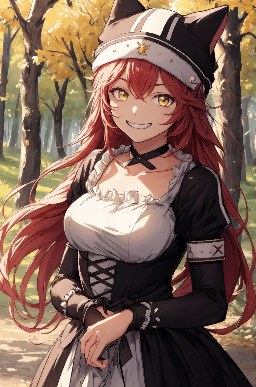 upusregina beta, evil grin, outdoors, forest, trees, BETA, masterpiece, best quality, high quality, highres, absurdres, 1girl, solo, animal hat, anime coloring, maid, upper body, puffy short sleeves, black headwear, collarbone, parody, official style, black choker, alternate costume, bridal gauntlets, black dress, white shirt, ess, dress, frills, long sleeves, maid, maid headdress, puffy sleeves, looking at viewer, masterpiece, best quality, high resolution, l

