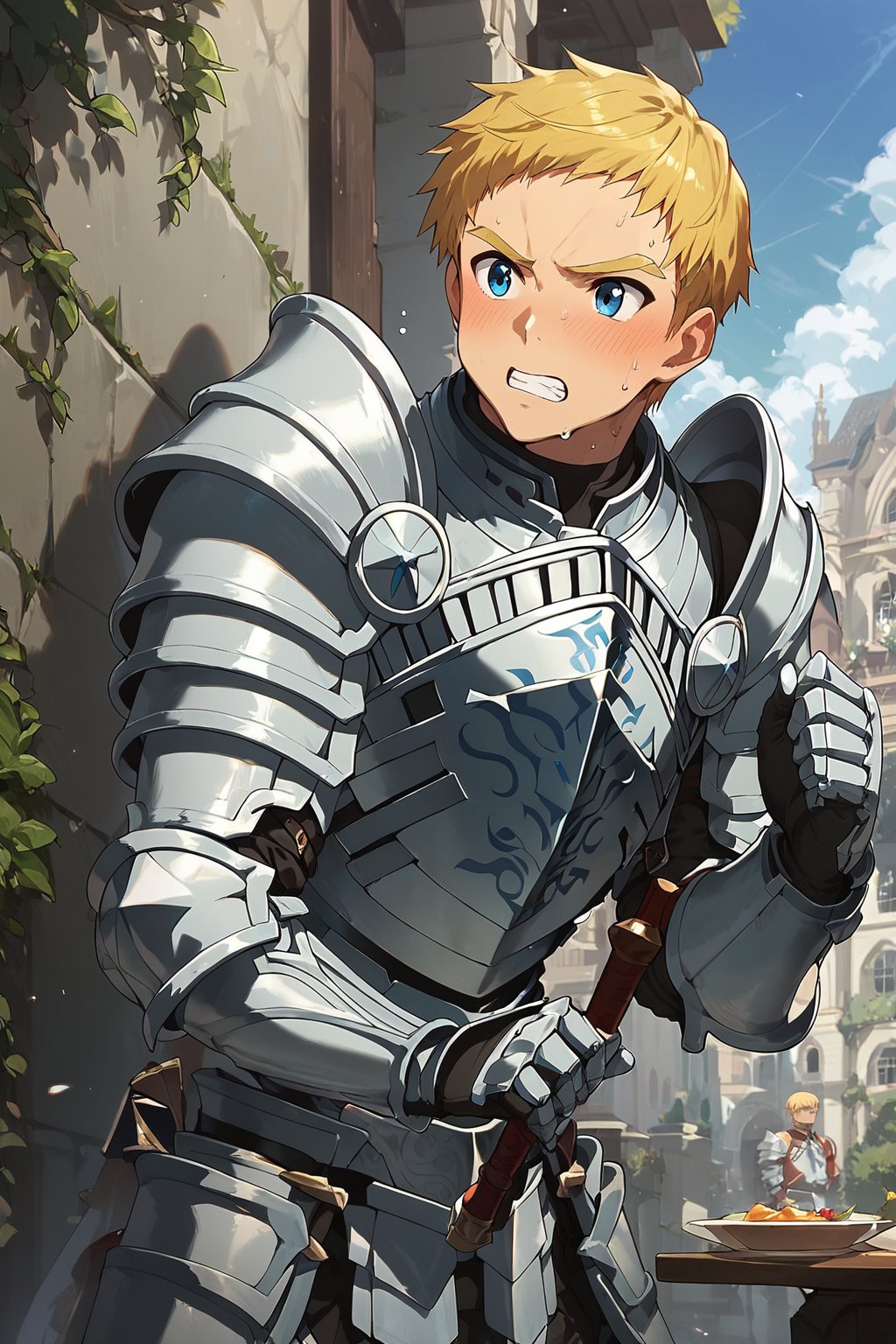 Climb, score_9, score_8_up, score_7_up, cute, masterpiece, best quality, best aesthetic, 1boy, ((solo)), male focus, blonde hair, blue eyes, short-hair, armor, gauntlets, shoulder armor, pauldrons, breastplate, armored boots, Grinding of teeth, sweat on forehead, clenched fists, arm up, outdoors,  