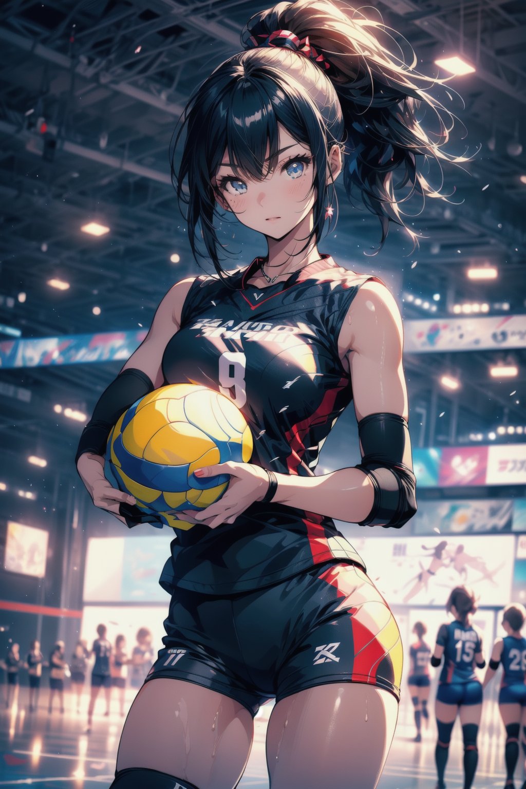 Paris Olympics, (((volleyball)))
anime style beautiful woman, 1girl, (ponytail), black hair, (long hair), 
Slender, skinny, (turime), thick eyebrows, 
volleyball uniform, blue uniform, (wet), tight_clothes, 
(((holding a valleyball))), ((Spike volleyball)), 
Olympic Stadium, (valleyball court), valleyball net, 
vibrant colors, sharp focus, best quality, depth of field, cinematic lighting, (illustration, 8k CG, extremely detailed), ultra-detailed, high resolution, firefliesfireflies, perfect light, 
8k, very clear, highest quality, high resolution. best quality, illustration, sax blue, 1girl, cute, (dynamic lighting:1.2), cinematic lighting, delicate facial features, detailed eyes, sharp pupils, realistic pupils, depth of field, bokeh, sharp focus, (hyper-detailed, bloom, glow:1.4), many small gems,girl,Midjourney,volleyball uniform