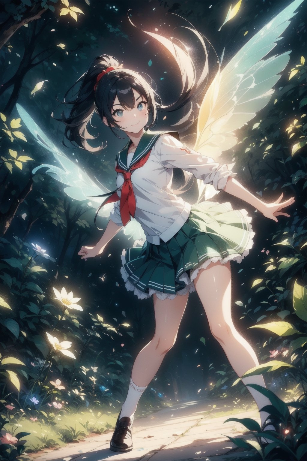 anime style beautiful woman, 1girl, (ponytail), black hair, (long hair), (smile), outdoors, ((full body)), forest, Green, 
Slender, skinny, (turime), thick eyebrows, 
(school uniform), (sailor uniform), ((red sailor tie)), (white sailor blouse), 
vibrant colors, sharp focus, best quality, depth of field, cinematic lighting, (illustration, 8k CG, extremely detailed), ultra-detailed, high resolution, firefliesfireflies, perfect light, 
((stylish pose)), 8k, very clear, highest quality, high resolution. best quality, illustration, sax blue, 1girl, cute, (dynamic lighting:1.2), cinematic lighting, delicate facial features, detailed eyes, sharp pupils, realistic pupils, depth of field, bokeh, sharp focus, (hyper-detailed, bloom, glow:1.4), many small gems,Magic Forest