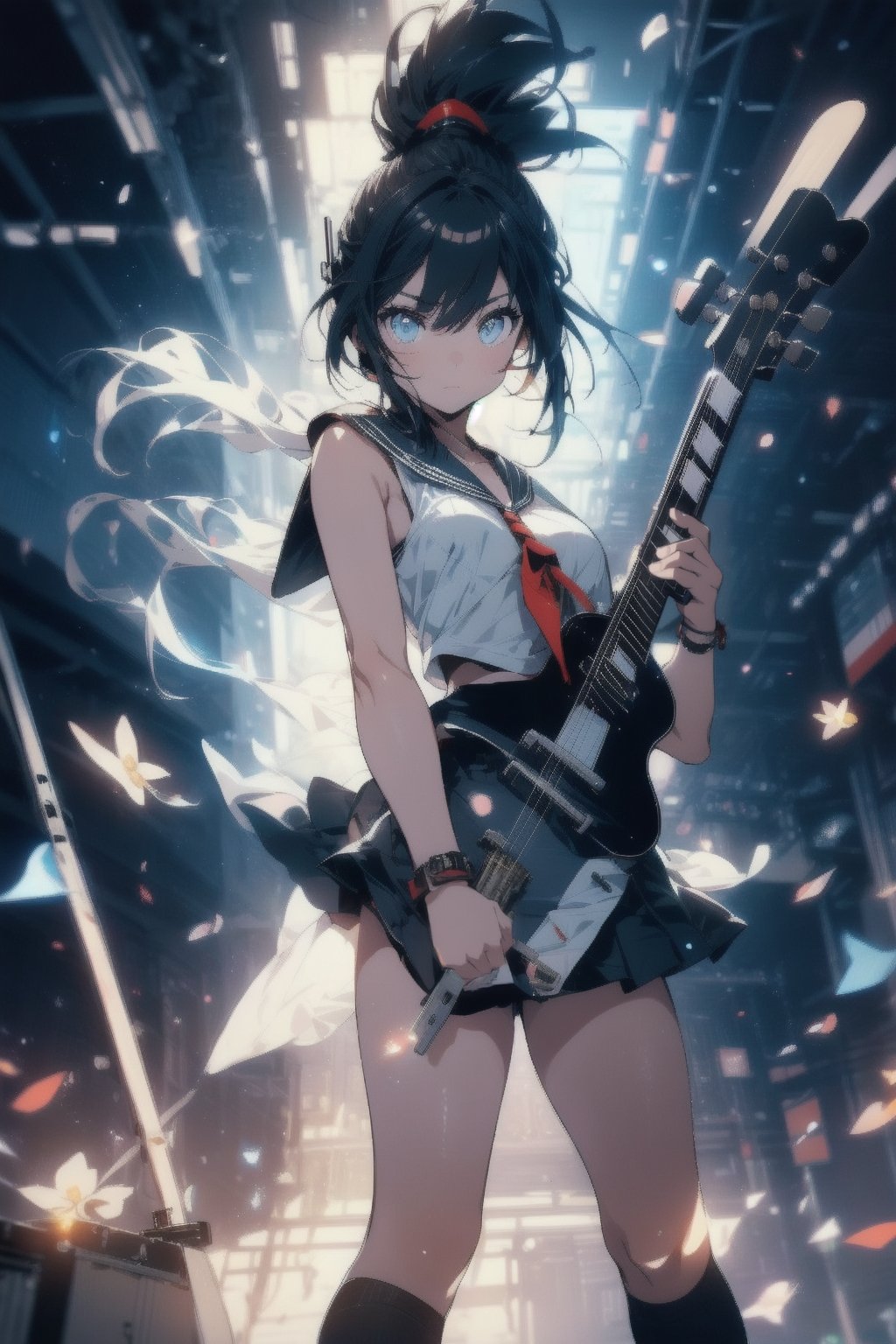 anime style beautiful woman, (1girl), (ponytail), black hair, (long hair), 
Slender, skinny, (turime), thick eyebrows, 
(school uniform), (sailor uniform), ((red sailor tie)), (white sailor blouse), cleavage cutout, navel,  sleeveless, bare shoulders, 
(((guitar, instrument, electric guitar, bass guitar, amplifier, gibson les paul, drum, acoustic guitar, speaker))), 
vibrant colors, sharp focus, best quality, depth of field, cinematic lighting, (illustration, 8k CG, extremely detailed), ultra-detailed, high resolution, firefliesfireflies, perfect light, 
stylish pose, 8k, very clear, highest quality, high resolution. best quality, illustration, sax blue, 1girl, cute, (dynamic lighting:1.2), cinematic lighting, delicate facial features, detailed eyes, sharp pupils, realistic pupils, depth of field, bokeh, sharp focus, (hyper-detailed, bloom, glow:1.4), many small gems